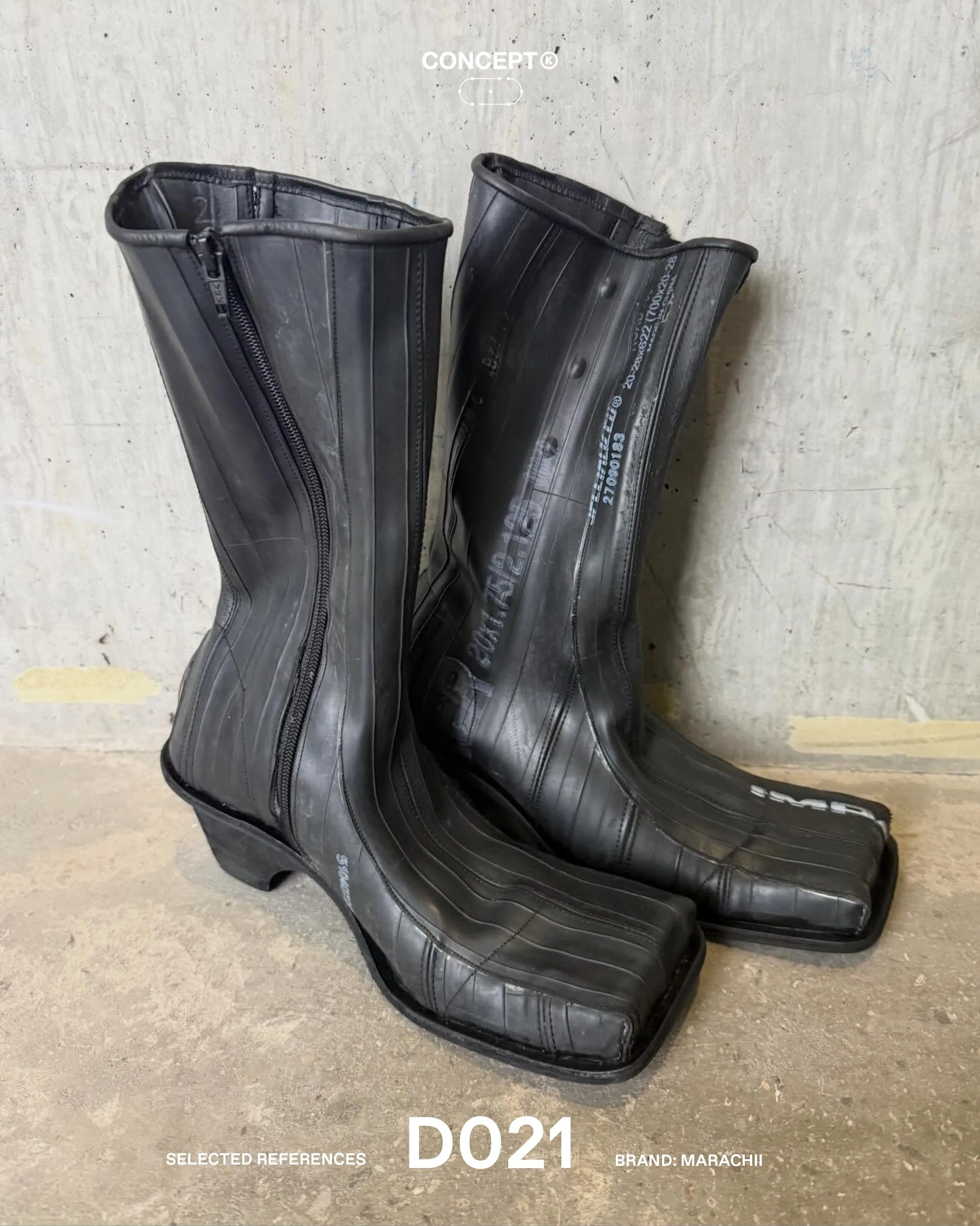 (D)evelopment &rarr; MARACHII

Central Saint Martins graduate Arielle Uno-Ekwang presents RUST through her brand MARACHII, with the R2 Tyre Boot forming part of the collection&rsquo;s footwear offering.

Constructed from reclaimed inner tyre tubes or