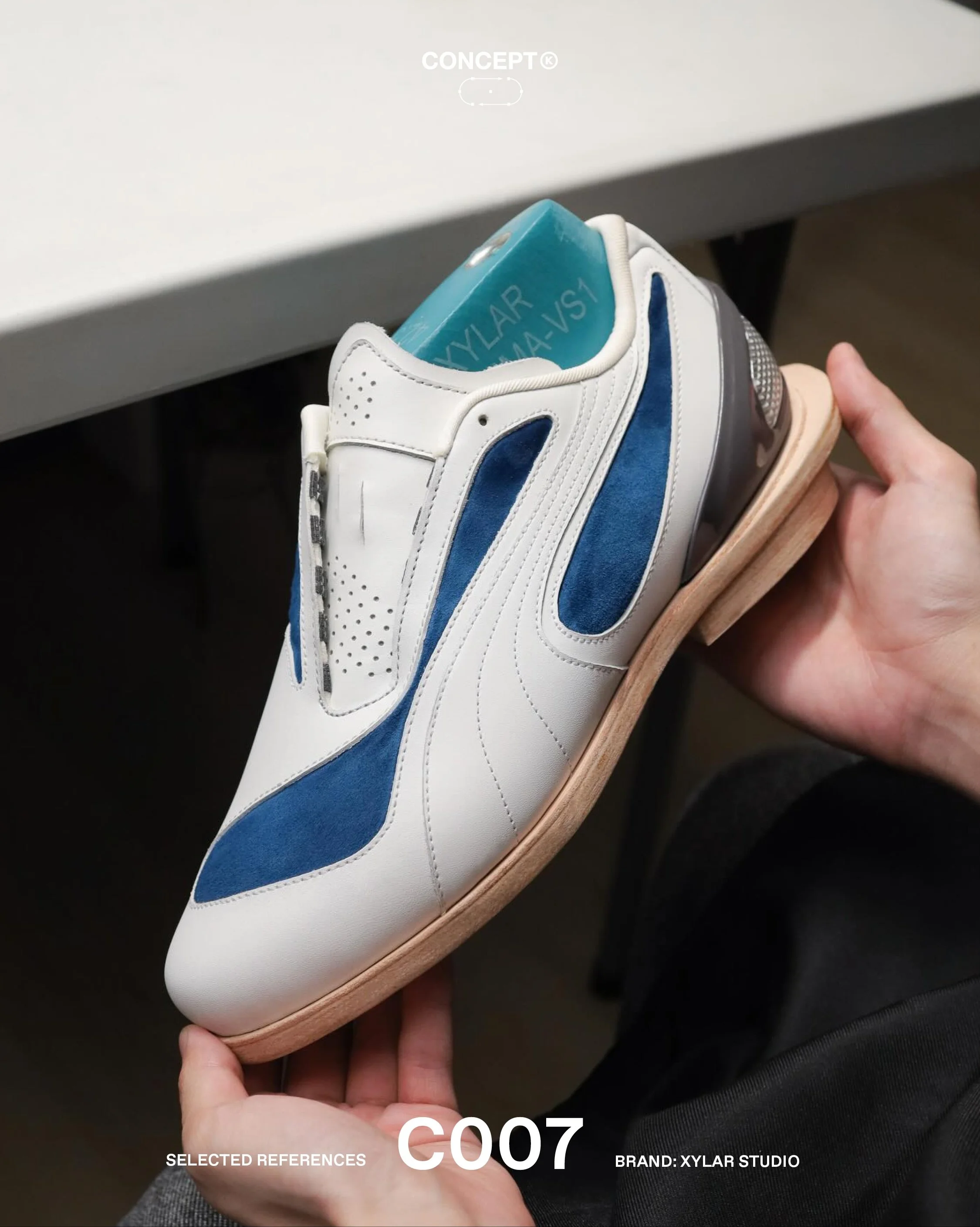 (C)raft &rarr; Xylar Studios

Xylar Studios&rsquo; Puma V-S1 Dress Shoe explores what happens when traditional shoemaking techniques are applied to a contemporary sneaker silhouette. Beginning as a pattern-making exercise and series of material mock-