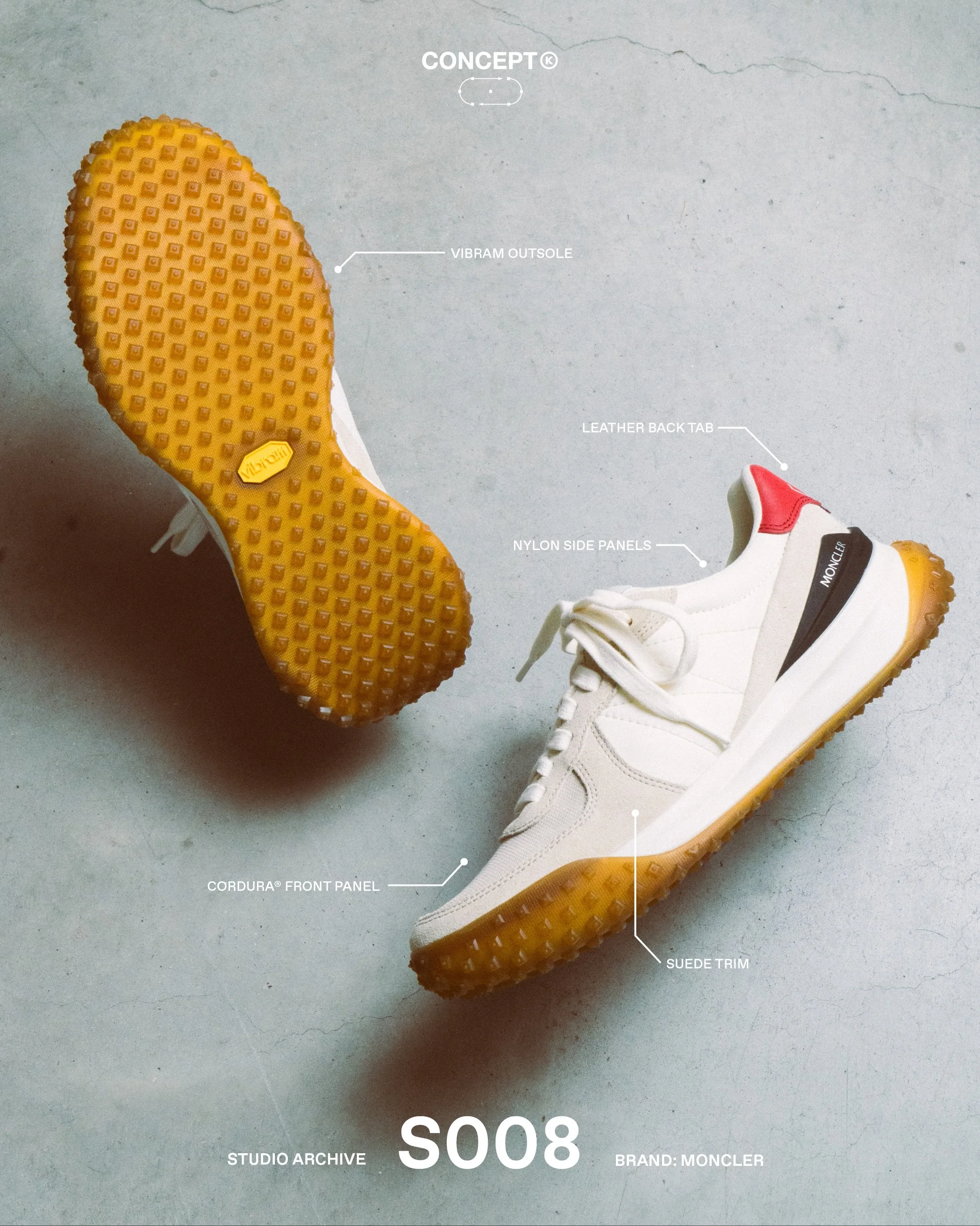 (S)tudio Archive &rarr; Moncler CityTrek

A refined mixed-material upper combines nylon side panels, suede trim and a breathable Cordura&reg; front panel, while a smooth leather back tab delivers a secure, tailored fit around the ankle. Underfoot, a 