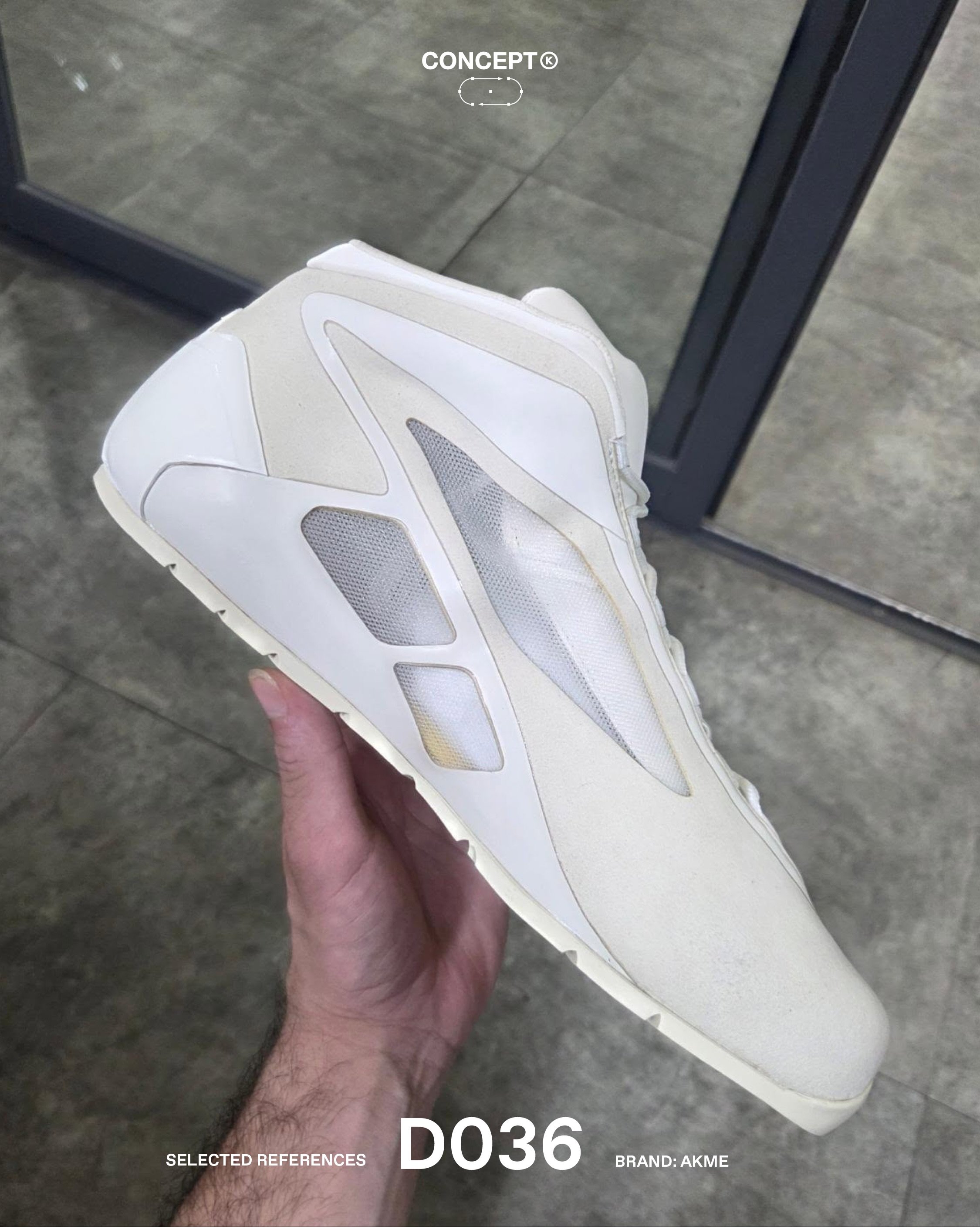 (D)evelopment &rarr; AKME

After seven months of development, the APX-01 introduces a more technical direction for AKME. Layered synthetic construction, exposed mesh windows, and an integrated lacing system reinterpret the brand&rsquo;s established d