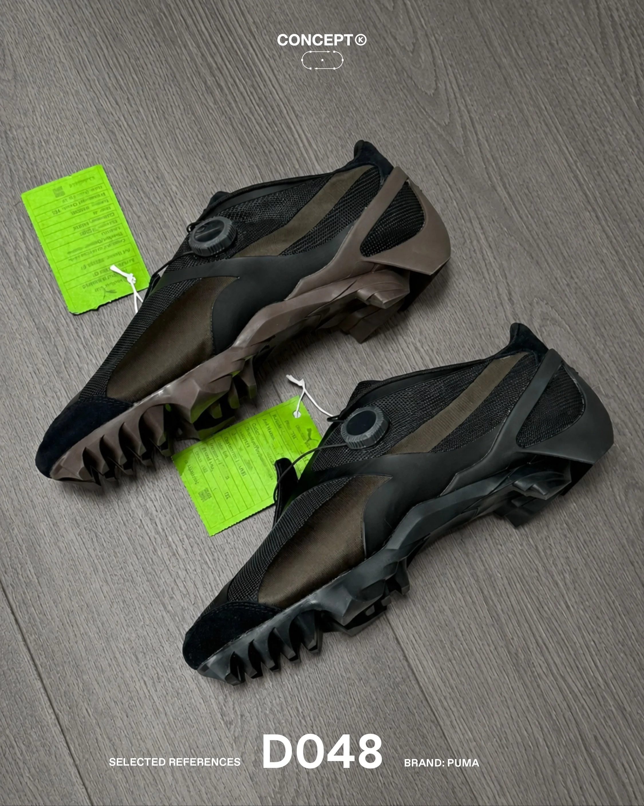 (D)evelopment &rarr; PUMA 

The original Beisser tooling provides the foundation for a new upper, built around PUMA&rsquo;s laceless Disc closure system. The angular geometry and distinctive teeth-like outsole remain, while the upper is shaped around
