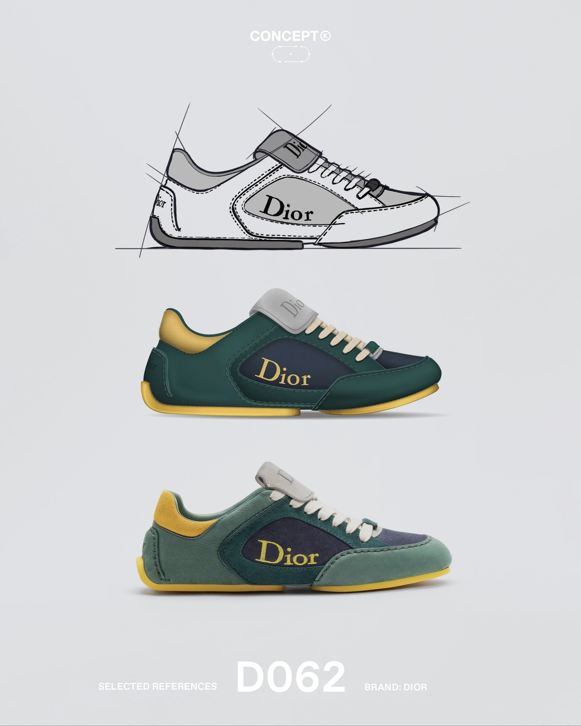 (D)evelopment &rarr; Dior

The Roadie Derby introduces a low-top iteration of Dior&rsquo;s Roadie, carrying over the minimal sole unit and over-lasted construction that define the visual language of the original. The lower profile shifts the silhouet
