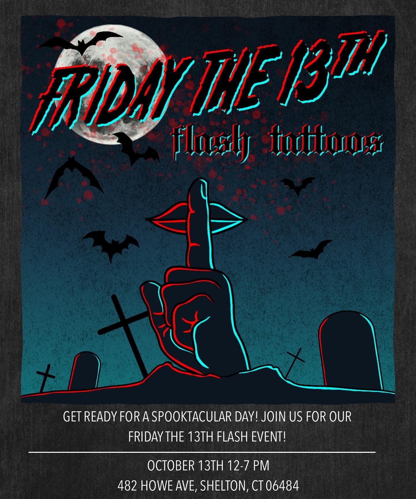 TIME TO GET SPOOKY 🔪

➡️SWIPE FOR DETAILS

We&rsquo;re offering a ton of flash designs for Friday the 13th! 🩸 

We&rsquo;re also giving away a bunch of custom made goodies! 😉

This is just the beginning of our October events. Every single Friday i