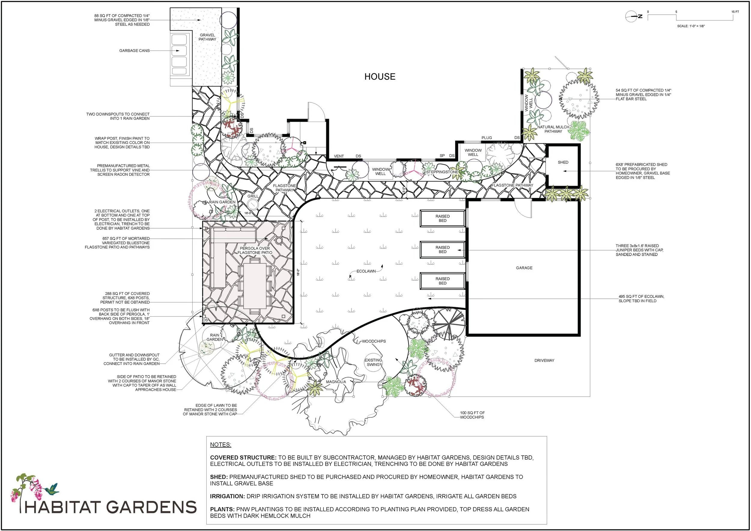 Back yard covered structure raised beds, eco lawn  landscape design