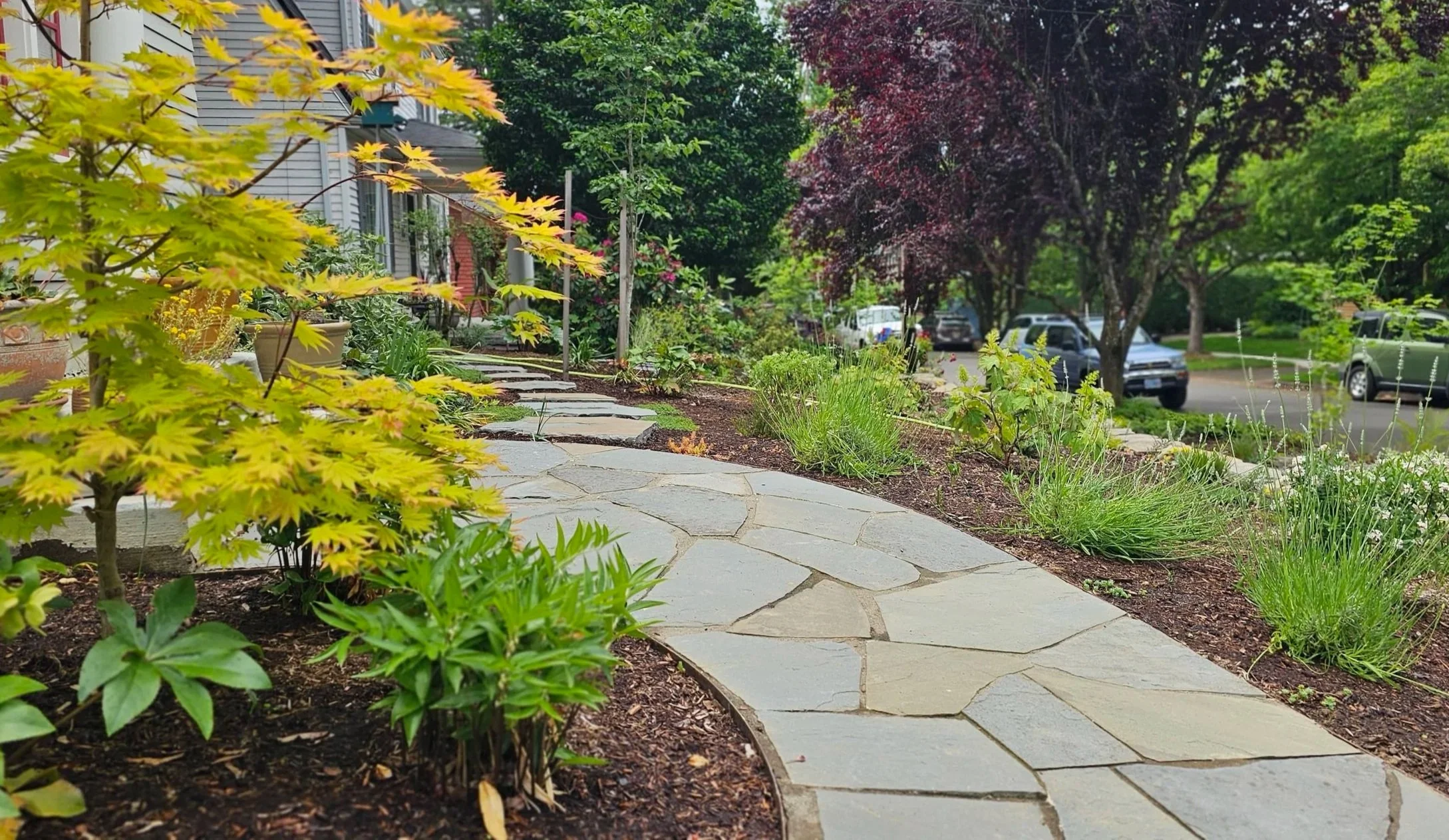 flagstone pathway edged in steel