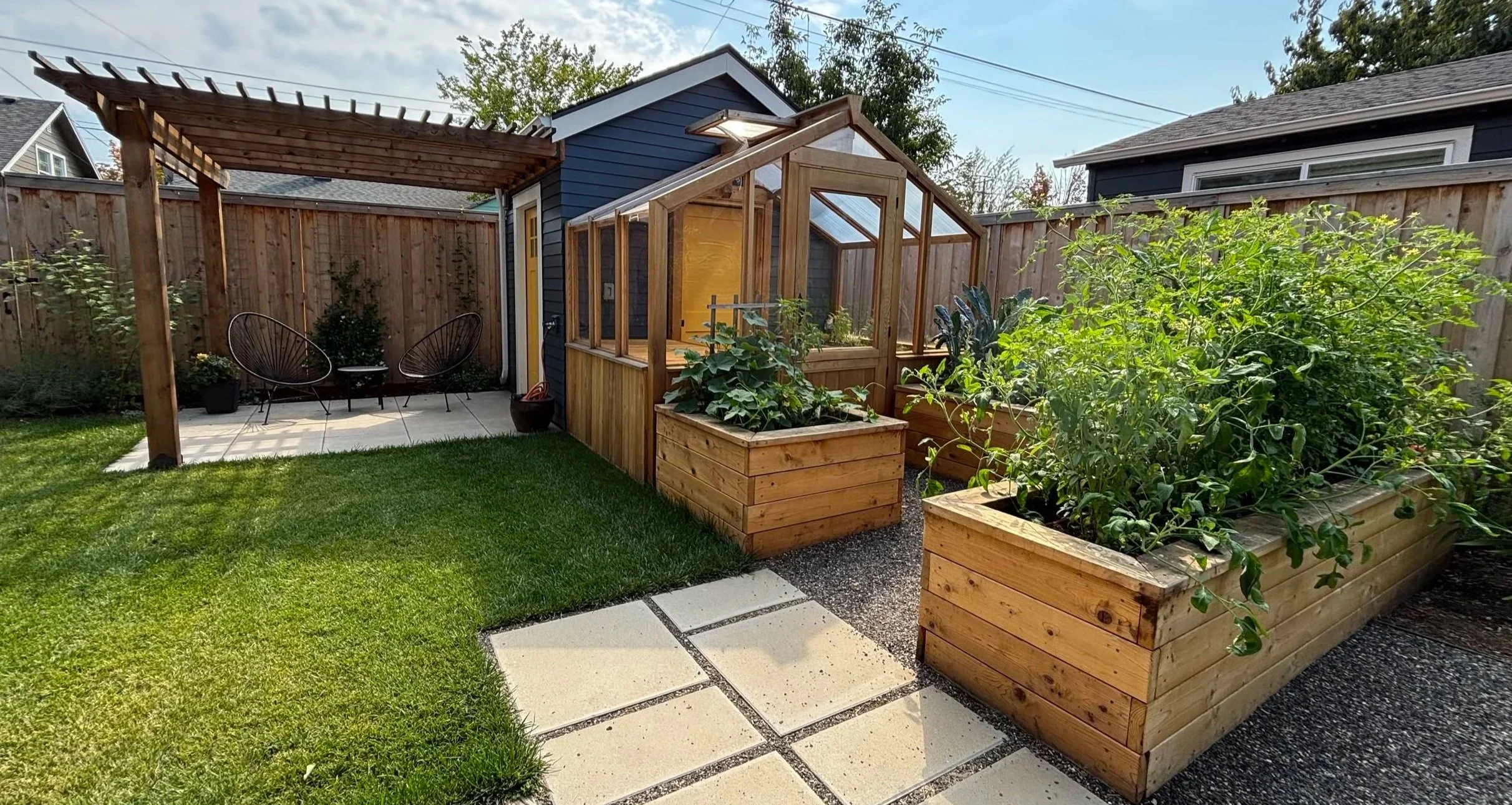 back yard food garden raised beds green house