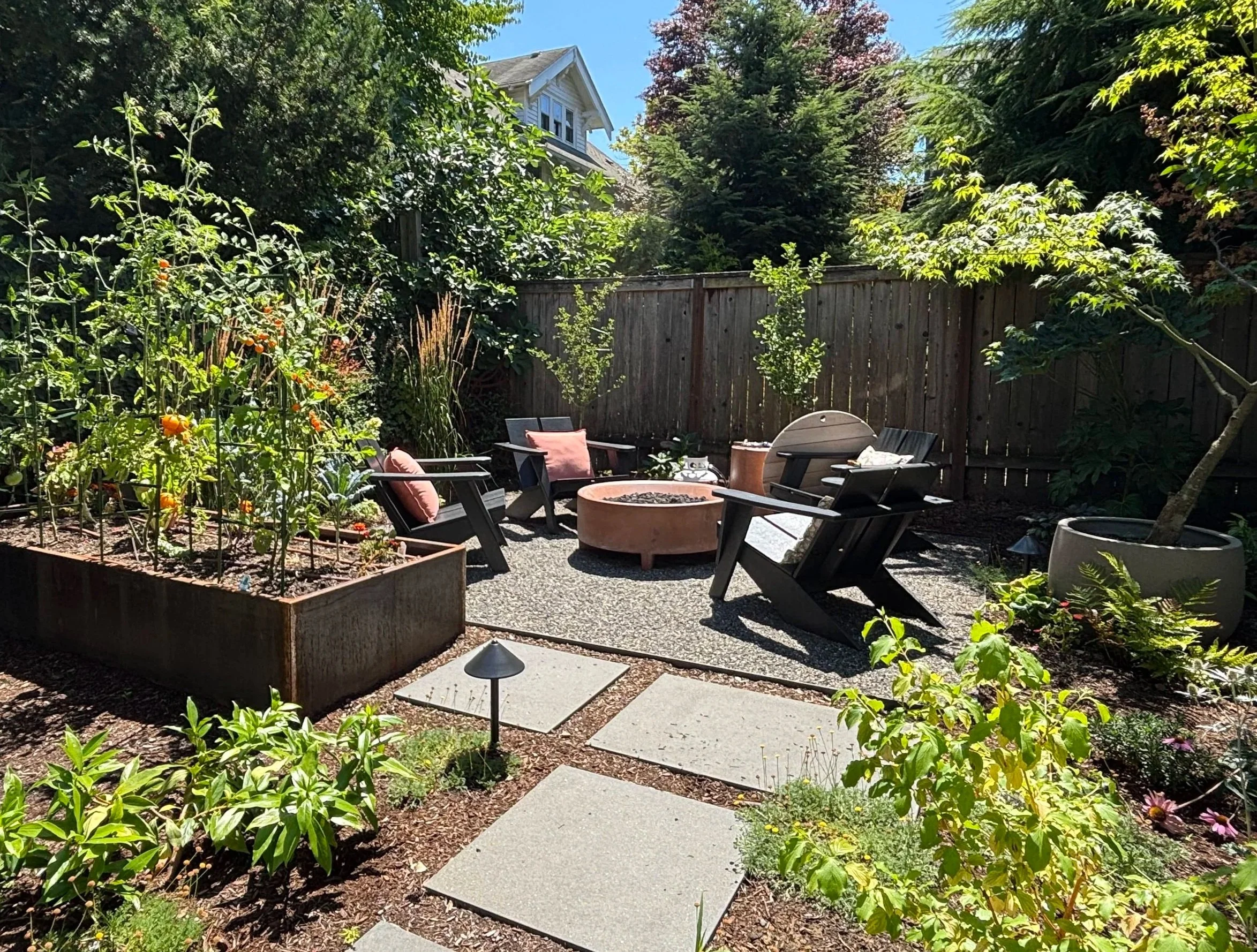 back yard gravel patio modern pathway steel raised bed