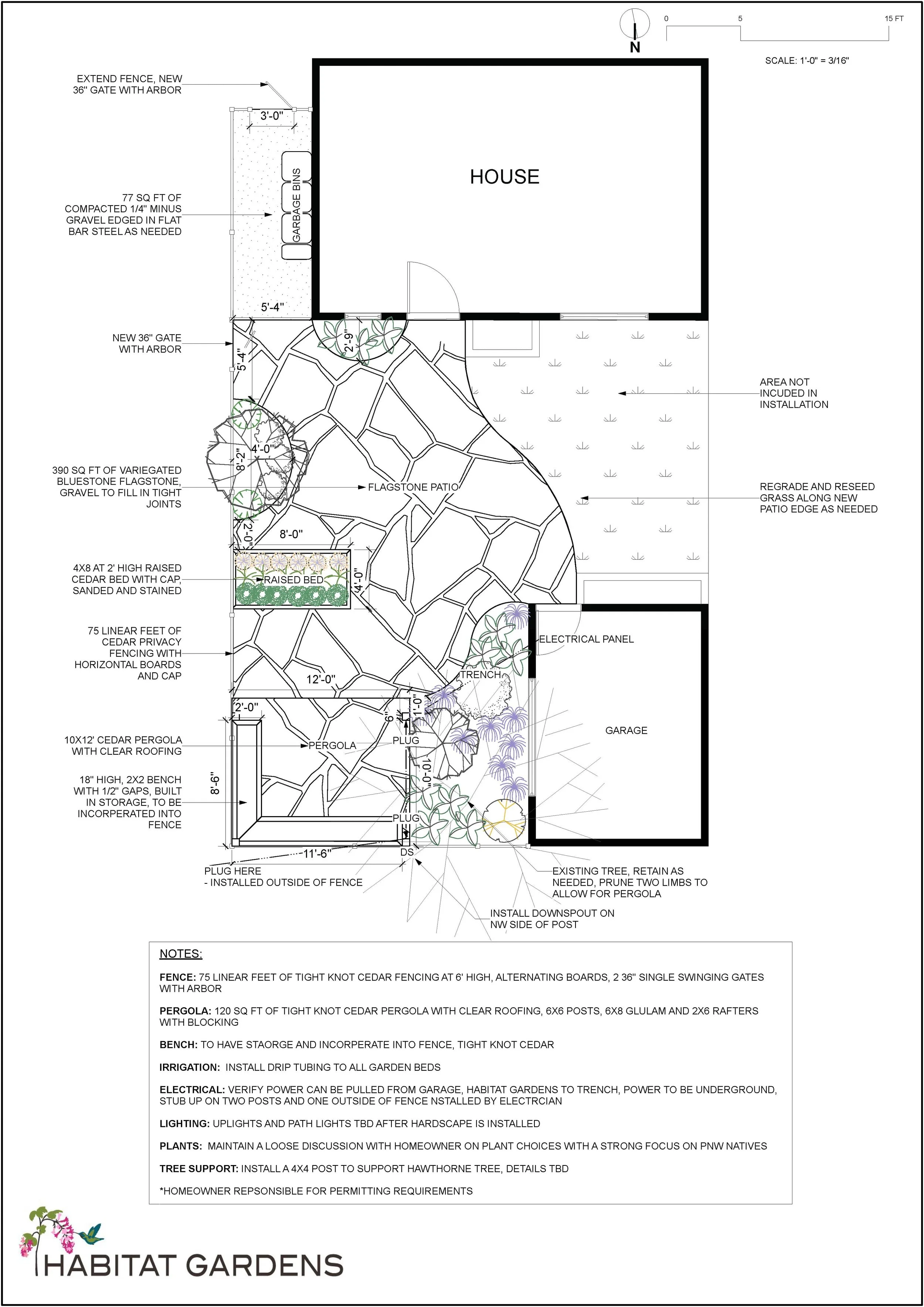 back yard entertainment space, covered structure, raised bed, built-in bench, privacy horizontal alternating board fence  landscape design