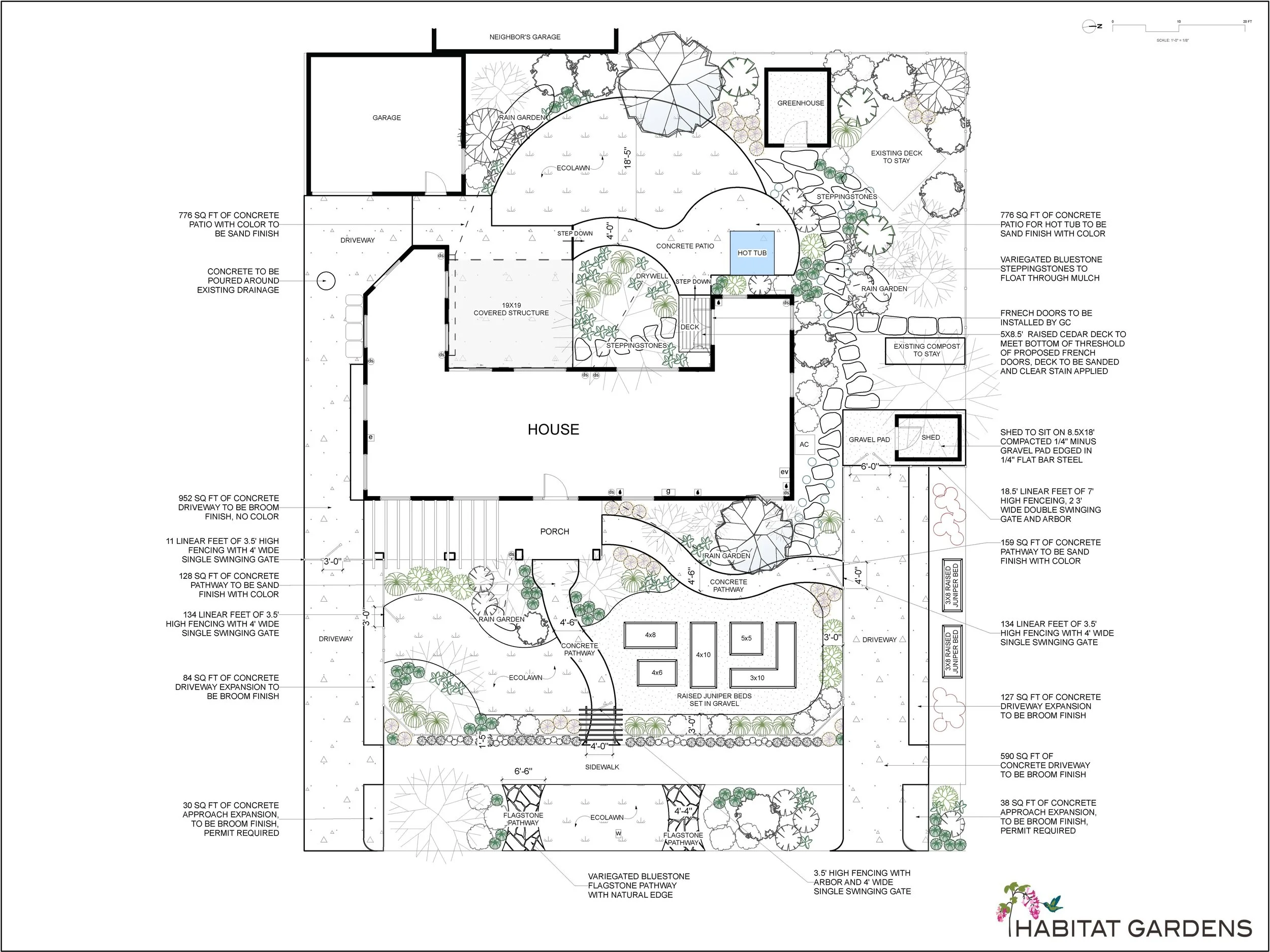 Full Property double lot raised beds in front yard covered structure landscape design