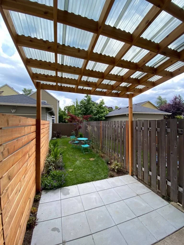 small back yard attached clear roof pergola