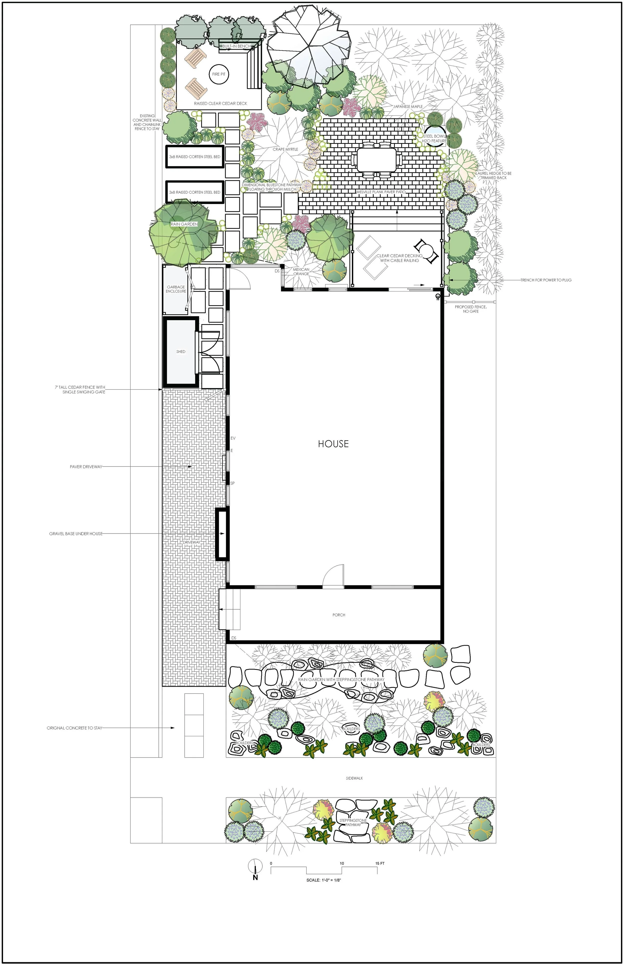 modern linear back yard transformation, ipe deck and fancy gate  landscape design