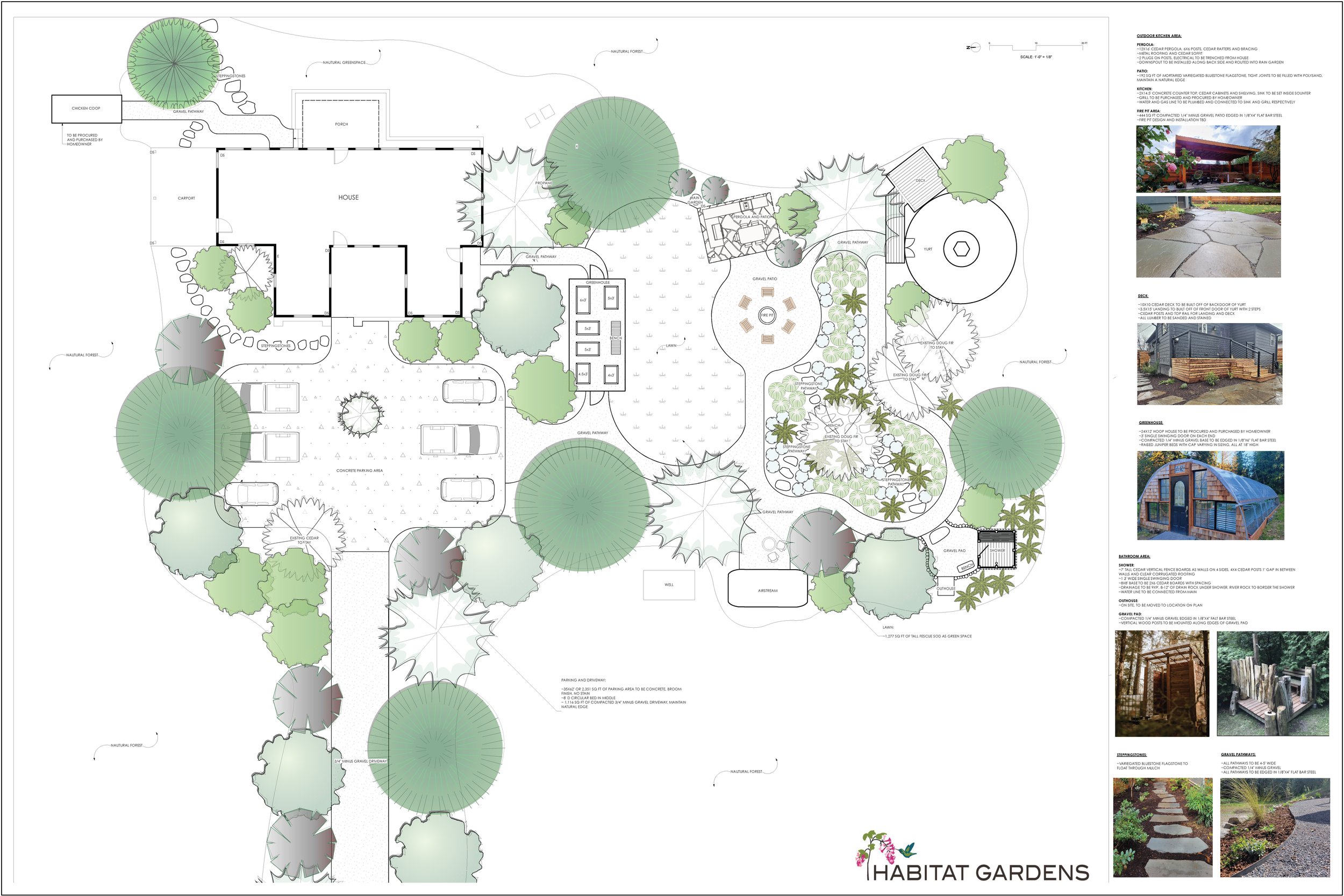 2 acre lot on mountain for airbnb rental, greenhouse, outdoor shower, pati and outdoor kitchen  landscape design