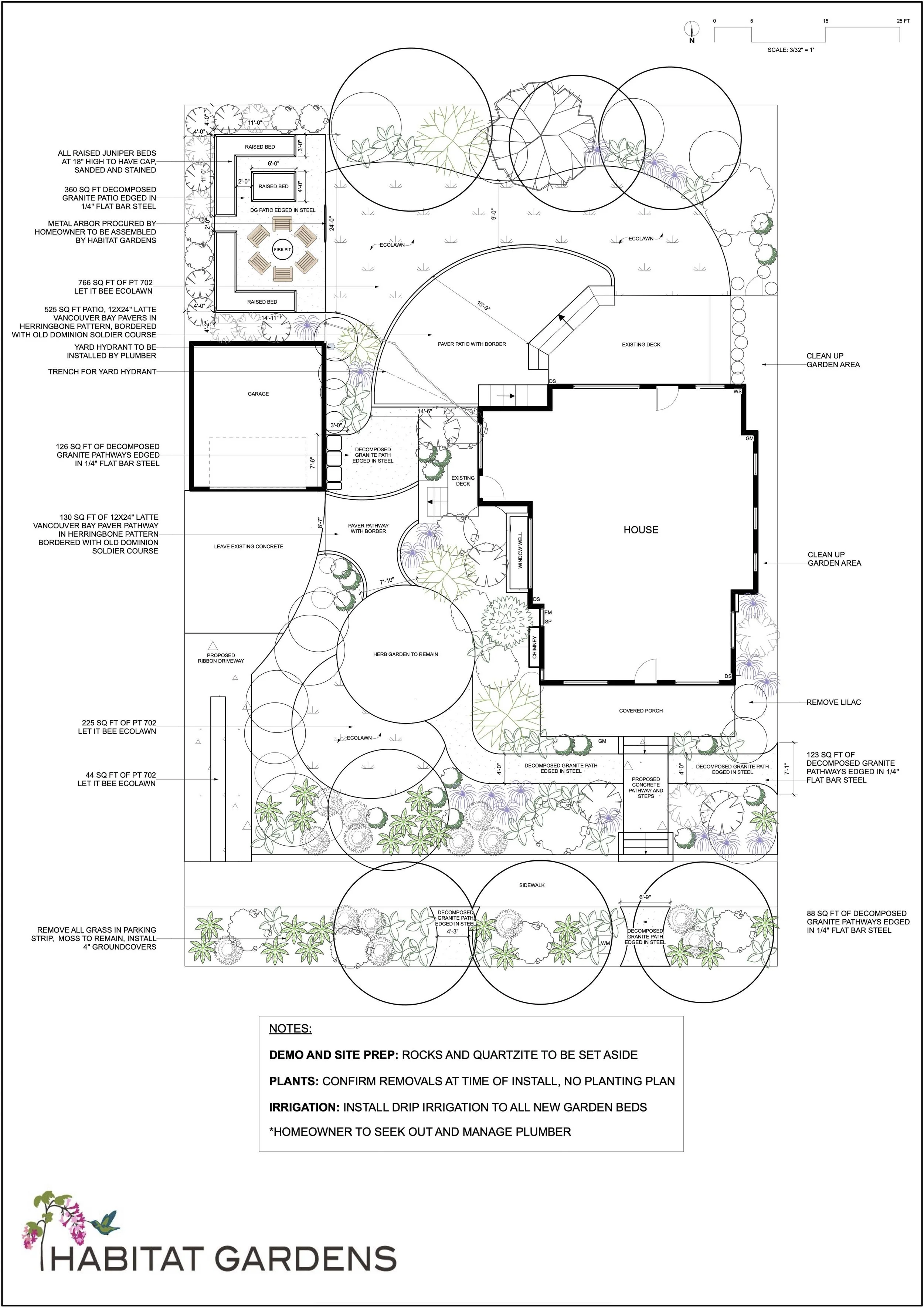 Double lot, circle patio, curvy design, raised L-shaped beds  landscape design