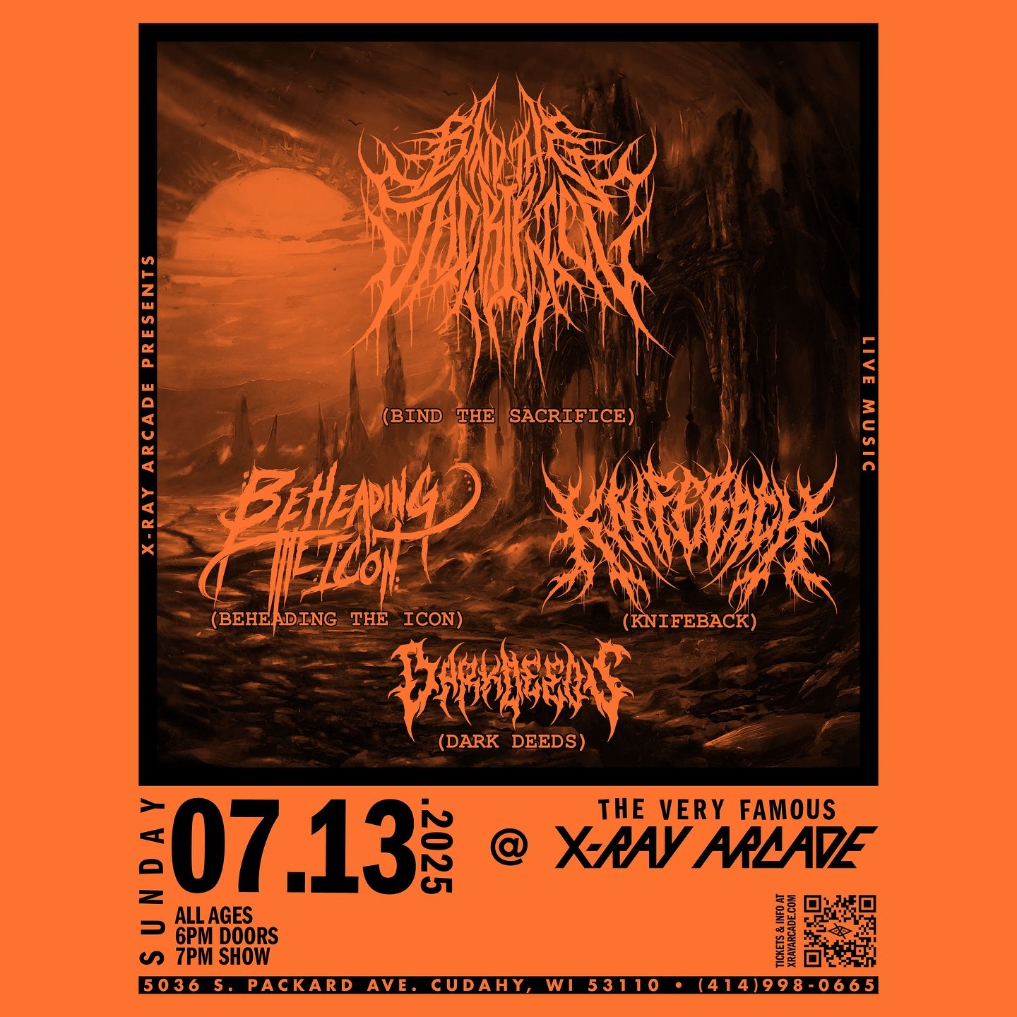 🚨 JUST ANNOUNCED 🚨 we’ll be making our way over to the @xrayarcade for the first time with some good friends and awesome acts like @darkdeedsmke @beheading.the.icon and @knifeback_official
.
.
The show takes place on Sunday July 13th, 2025.