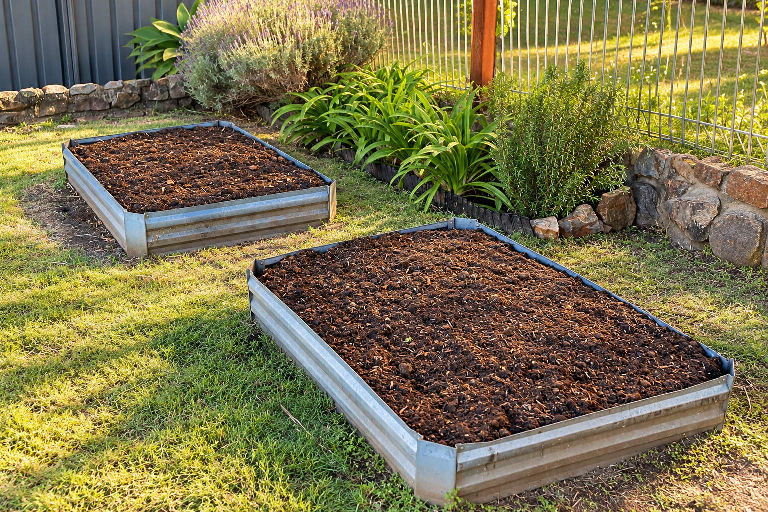Two freshly prepared garden beds surrounded by established plants, illustrating how environment creates the conditions for growth.