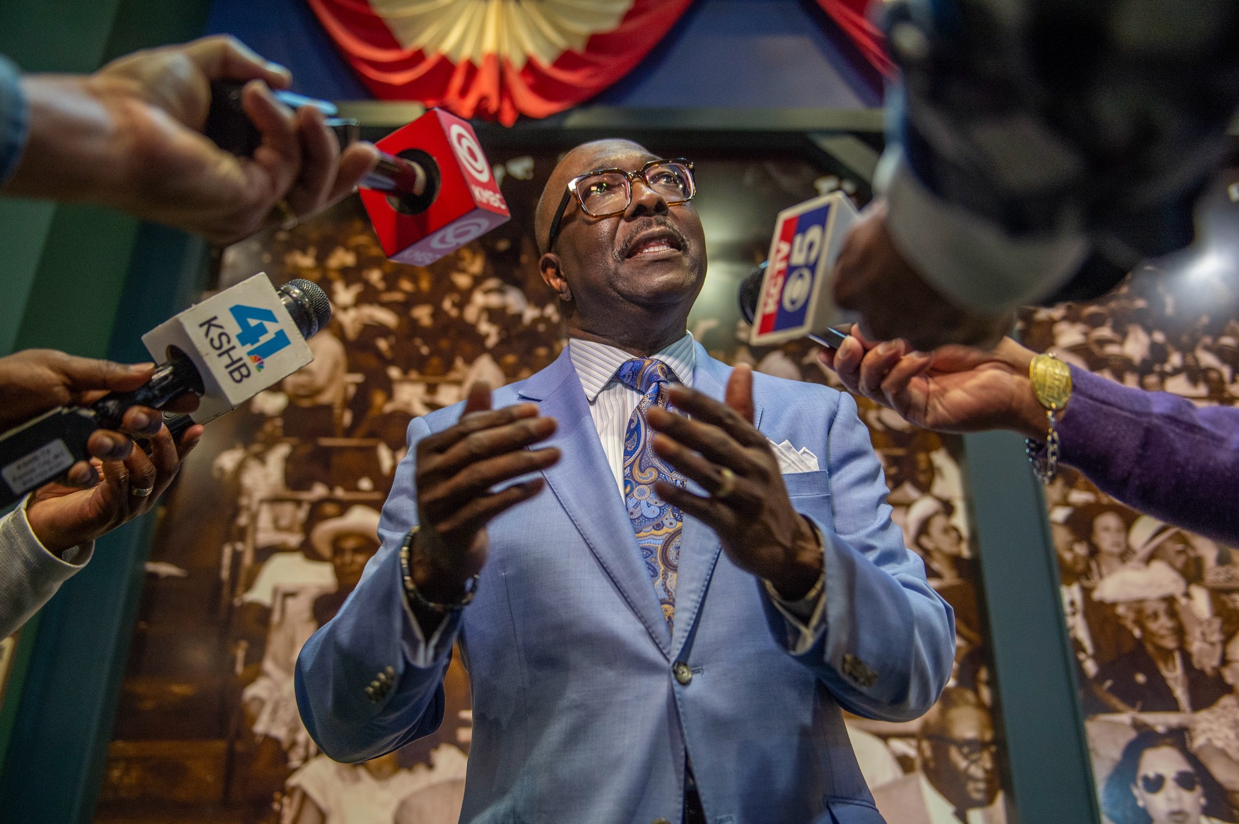  Bob Kendrick, president of the Negro Leagues Baseball Museum, speaks to reporters after a press conference at the Negro Leagues Baseball Museum on Tuesday, May 2, 2023, in Kansas City. The press conference was to announce a new Negro Leagues Basebal