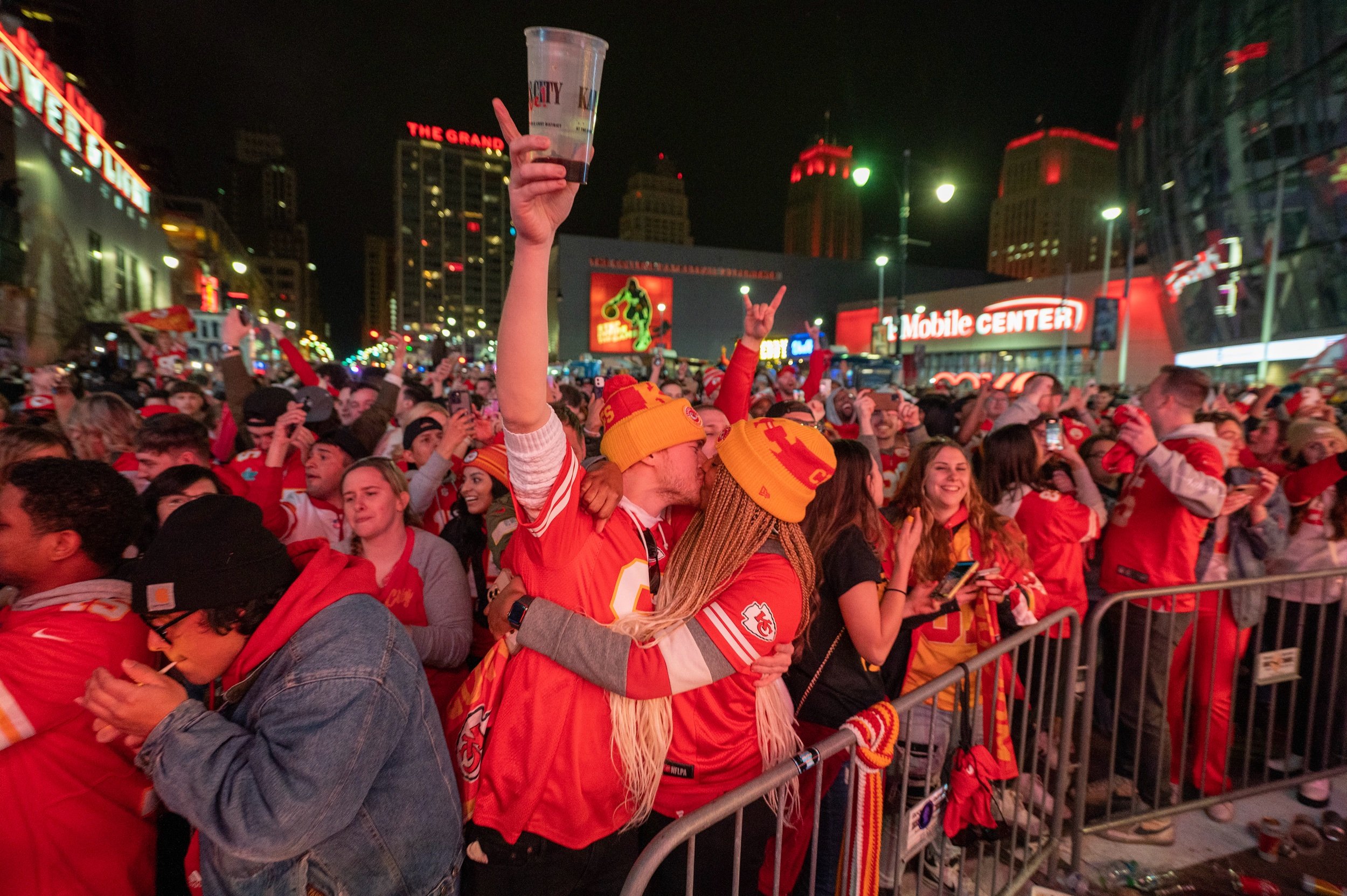  Kansas City Chiefs fans celebrate after the Chiefs win over the Philadelphia Eagles 38-35 during a Super Bowl LVII watch party at Power and Light District on Feb. 12, 2023, in Kansas City.  