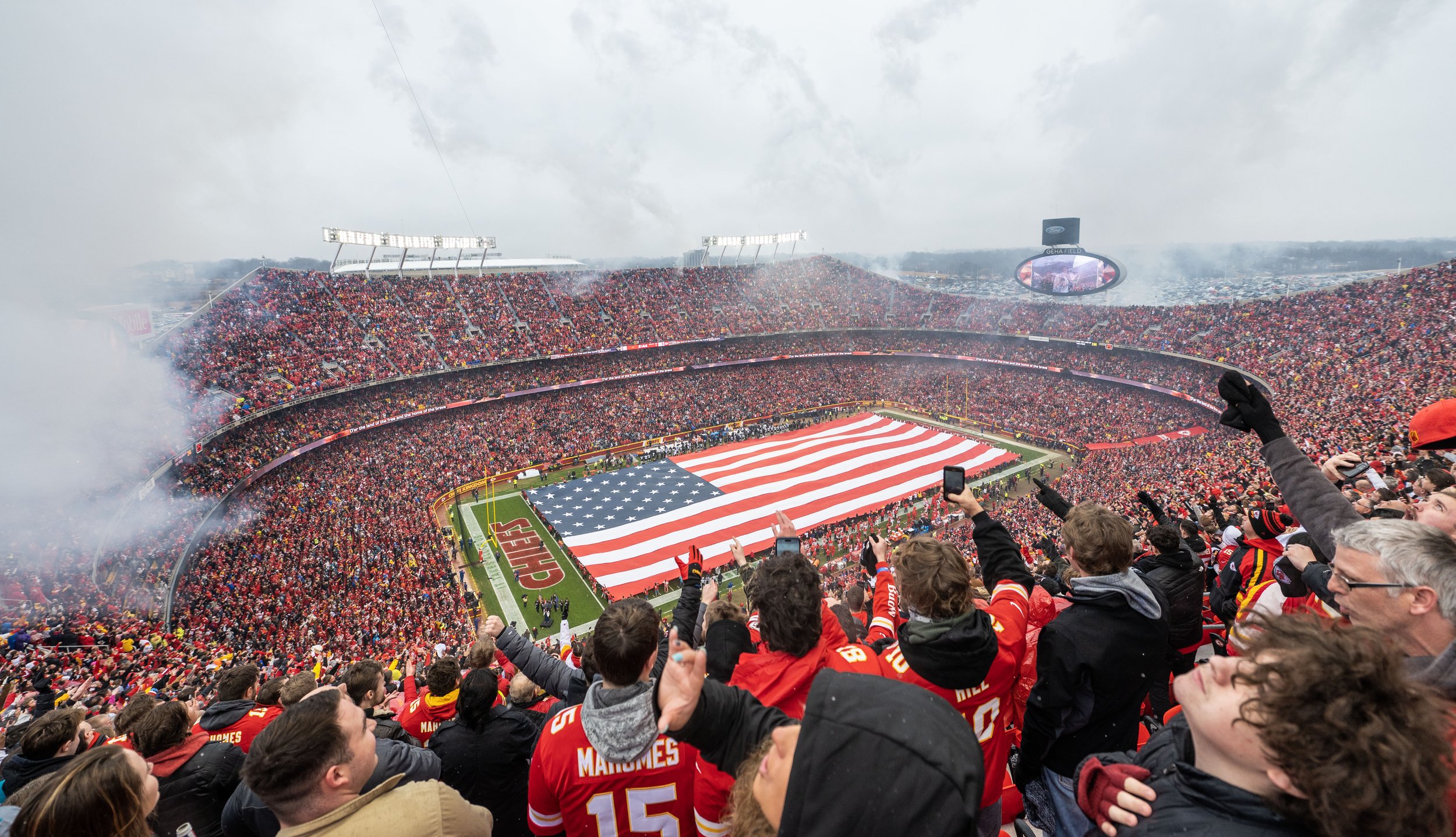  Kansas City Chiefs fans celebrate the National Anthem before a Divisional Round game against the Jacksonville Jaguars at GEHA Field at Arrowhead Stadium on Saturday, Jan. 21, 2023, in Kansas City. 