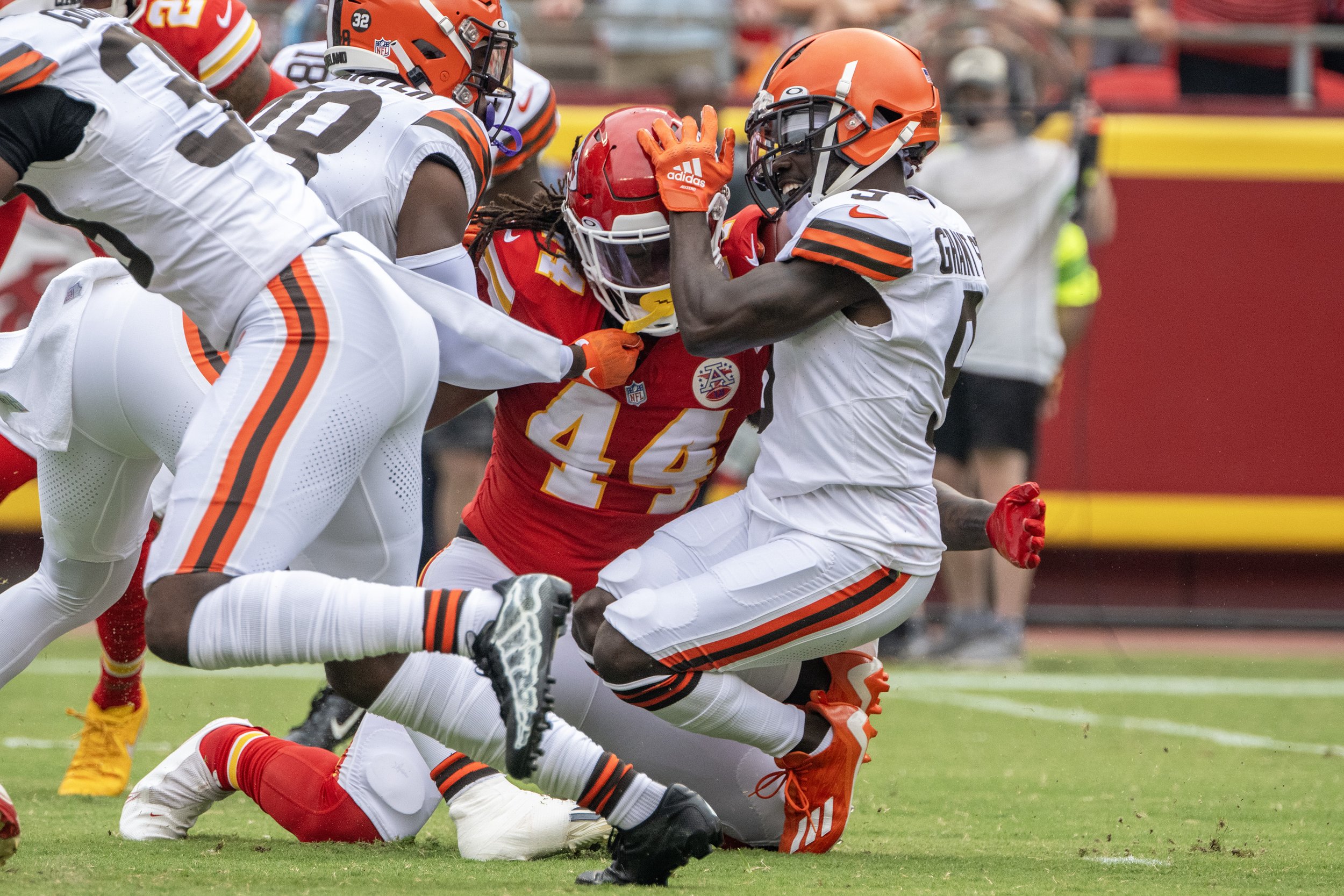  Kansas City Chiefs linebacker Cam Jones (44) tackles Cleveland Browns wide receiver Jackeem Grant Sr. (9) in the first half during an NFL preseason game at GEHA Field at Arrowhead Stadium on Saturday, Aug. 26, 2023, in Kansas City. 