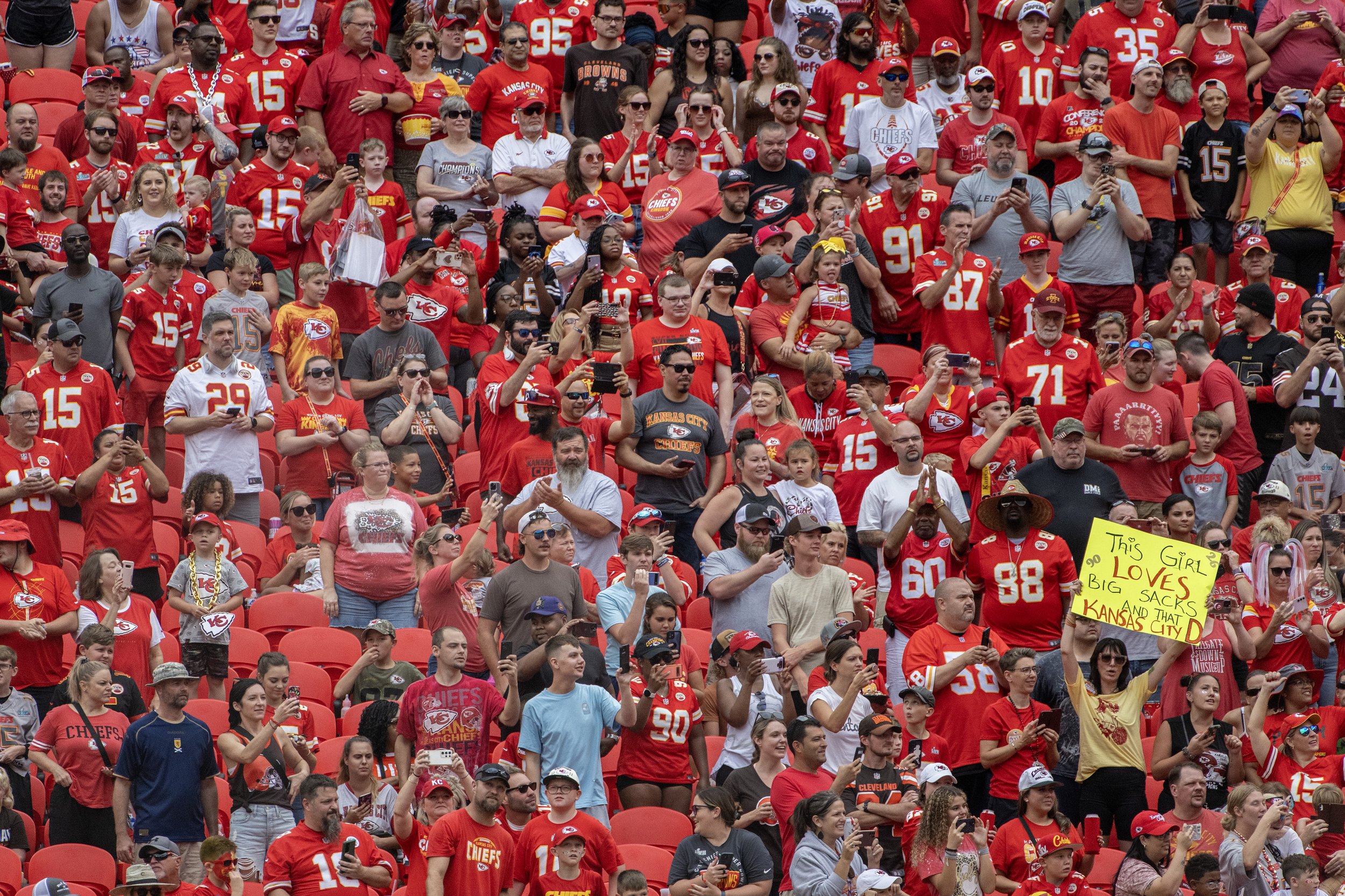  Kansas City Chiefs fans cheer as players walk out of the tunnel during an NFL preseason game against the Cleveland Browns at GEHA Field at Arrowhead Stadium on Saturday, Aug. 26, 2023, in Kansas City. 