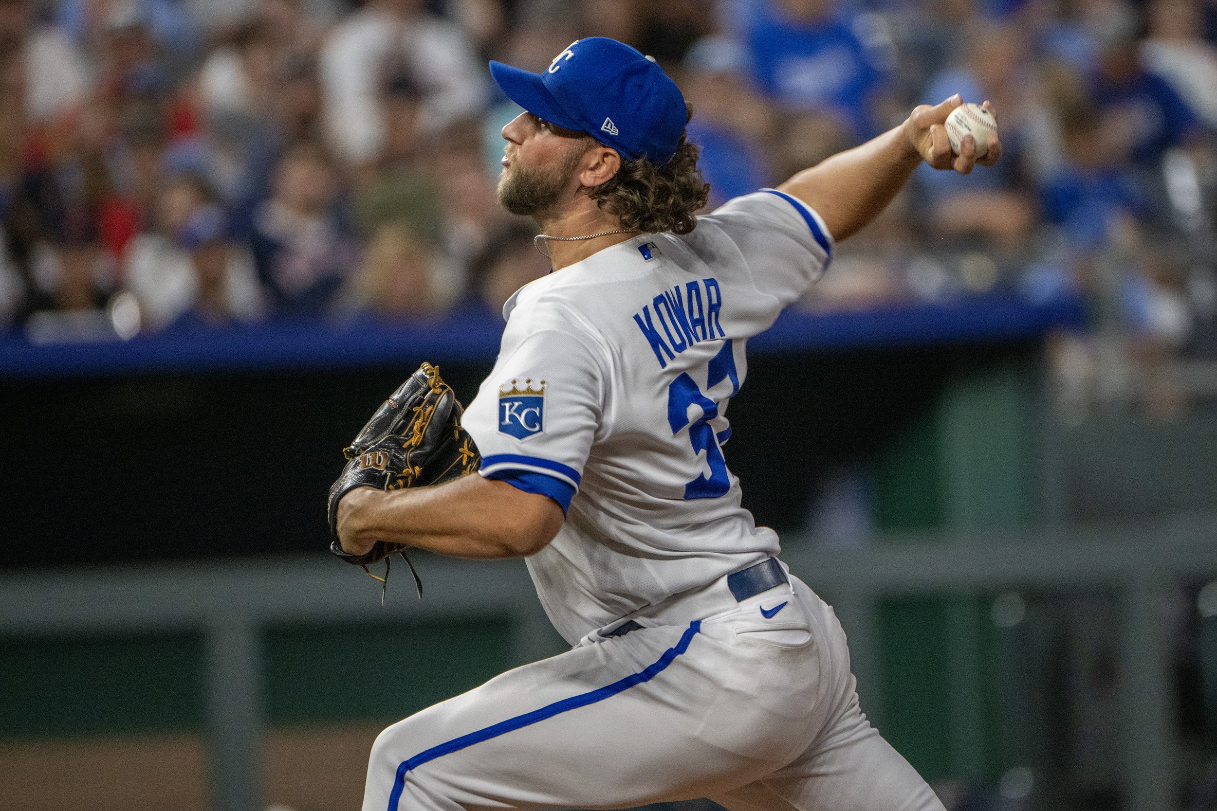 Kansas City Royals relief pitcher Jackson Kowar (37) pitches in the sixth inning during a game against the Boston Red Sox at Kauffman Stadium on Saturday, Sept. 2, 2023, in Kansas City. 