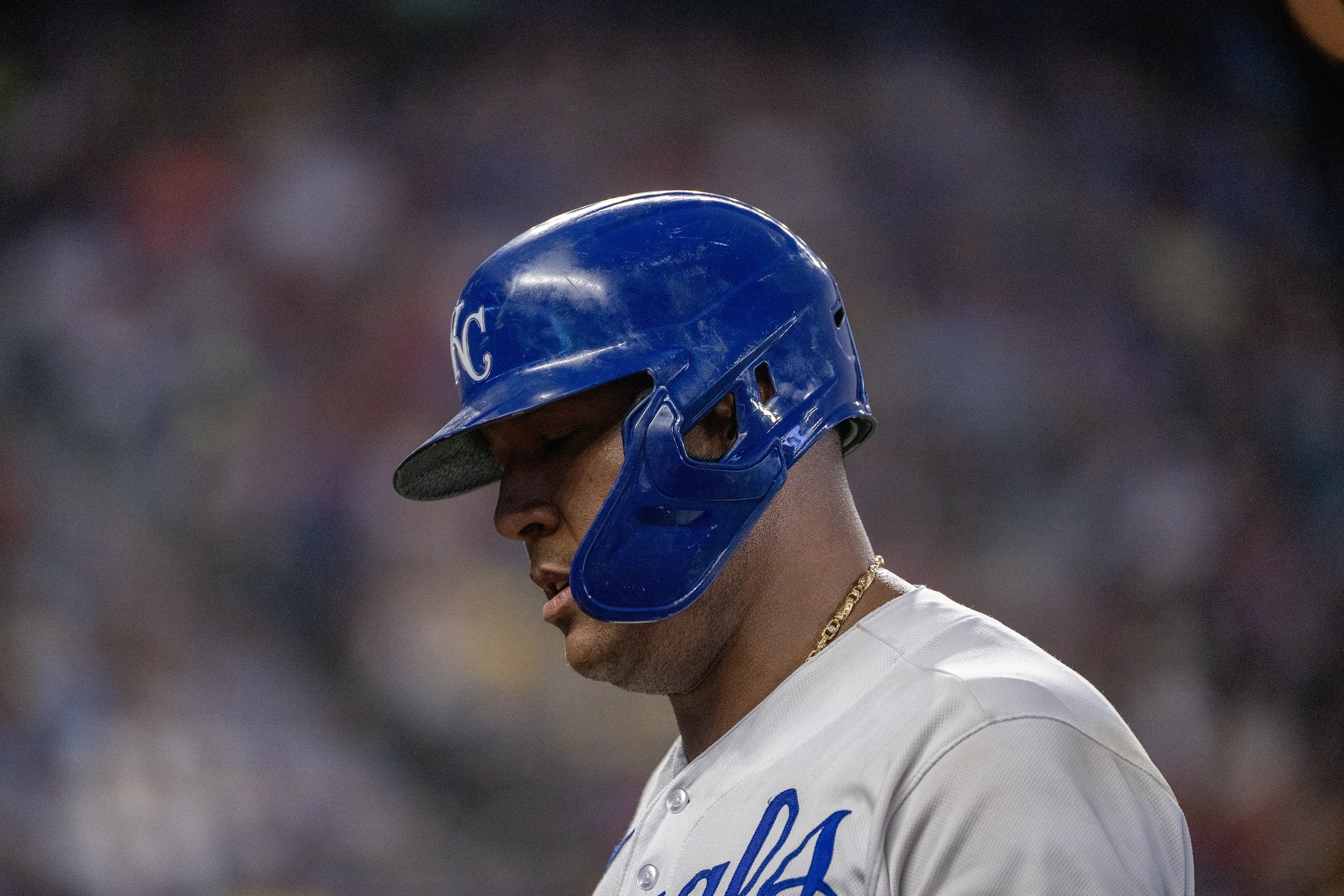  Kansas City Royals catcher Salvador Perez (13) walks off the field after striking out in the sixth inning during a game against the Boston Red Sox at Kauffman Stadium on Saturday, Sept. 2, 2023, in Kansas City. 