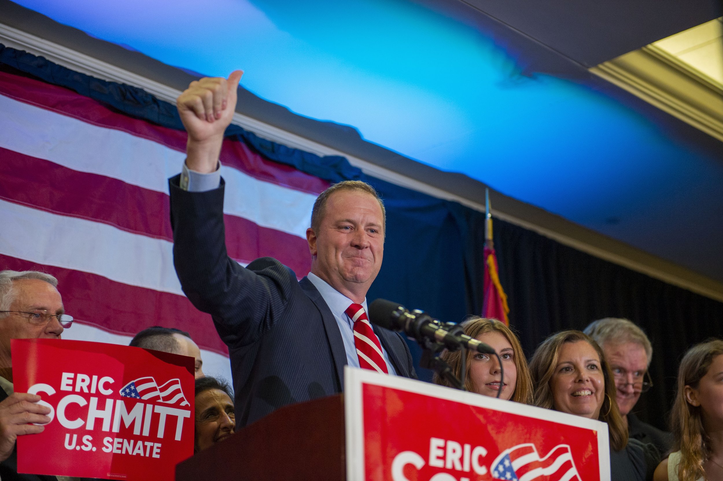  Missouri Attorney General Eric Schmitt acknowledges the crowd of supporters at his election night watch party in St. Louis after winning the GOP primary for U.S. Senate on Tuesday, Aug. 2, 2022. 