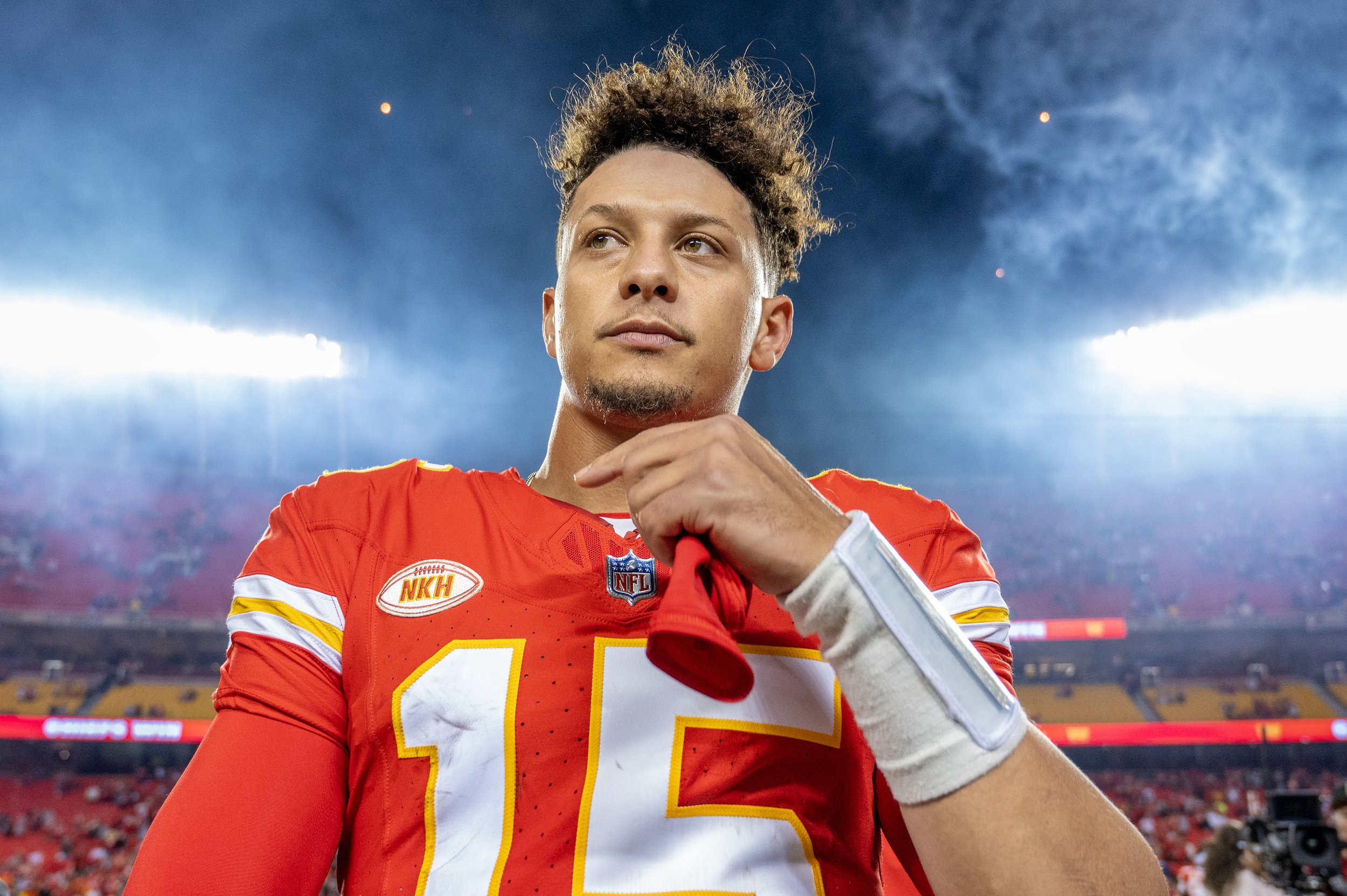  Kansas City Chiefs quarterback Patrick Mahomes (15) walks off the field after the Chiefs defeated the Denver Broncos 19-8 in an NFL football game at GEHA Field at Arrowhead Stadium on Thursday, Oct. 12, 2023, in Kansas City.  