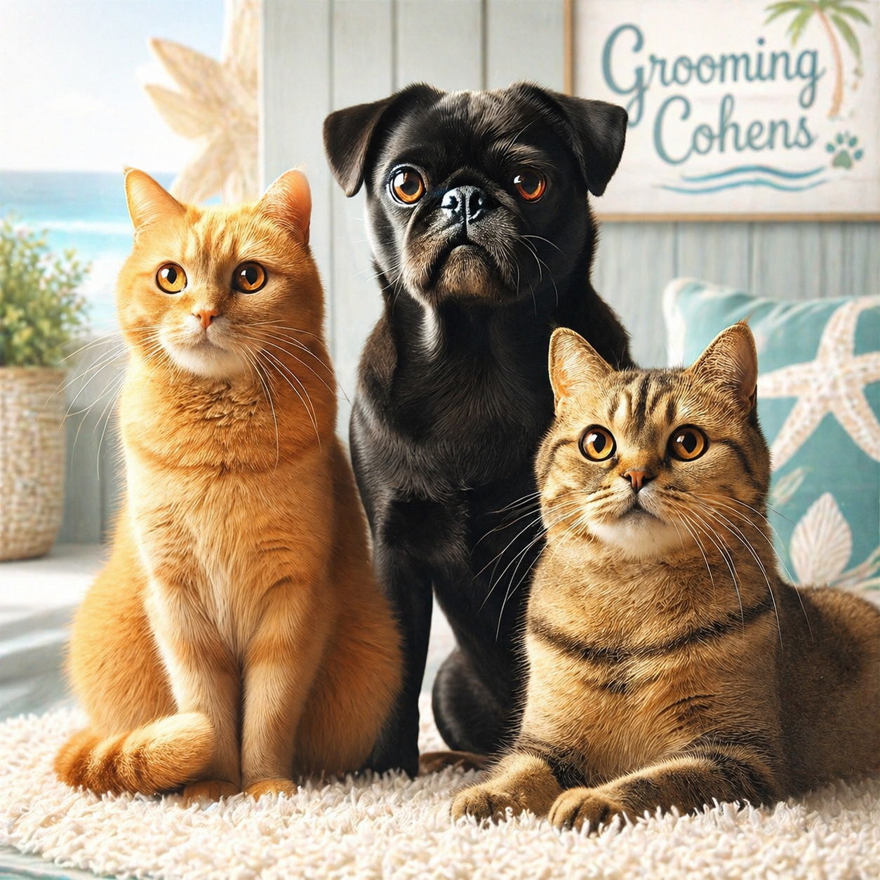 An image of a black pug dog, a ginger cat to her left and a brown striped cat to the pugs right. Relaxed in front of calm background.