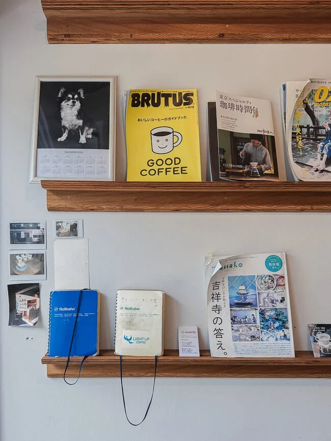 Bookshelf and reading corner inside Light Up Coffee, Kichijoji Tokyo