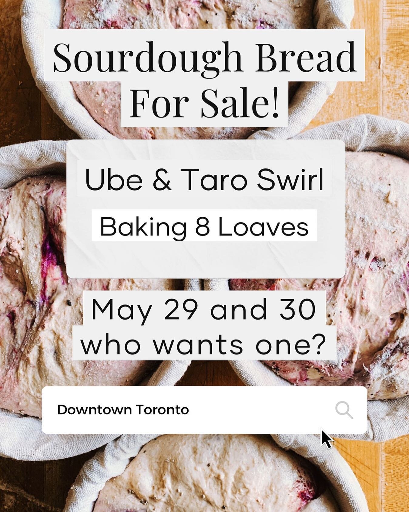 2 SOLD! 6 Still Available!! It&rsquo;s that time of the week! Time to sell Bread!

Type: Ube and Taro Swirl with some Korean 
  Chili, Nigella Seeds inside and Chia Seeds
  on Top
Cost: $18 dollars
Quantity: 6
When: May 29 and 30 (Saturday and Sunday