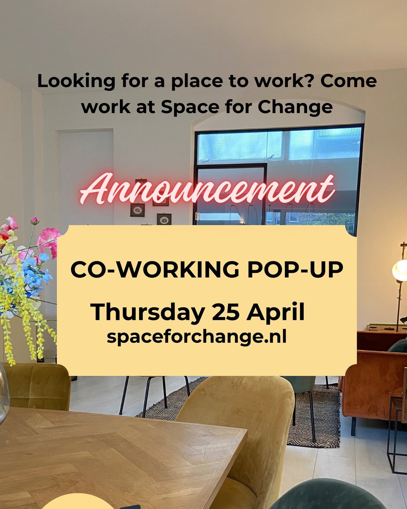 Co-working 25 April! Get your work done before May holidays start, or you wind down to celebrate Koningsdag. Space for 4 people, send a dm to reserve your spot. 15&euro; per person, coffee/tea/wifi included. Need space for a group up to 20? Send a me