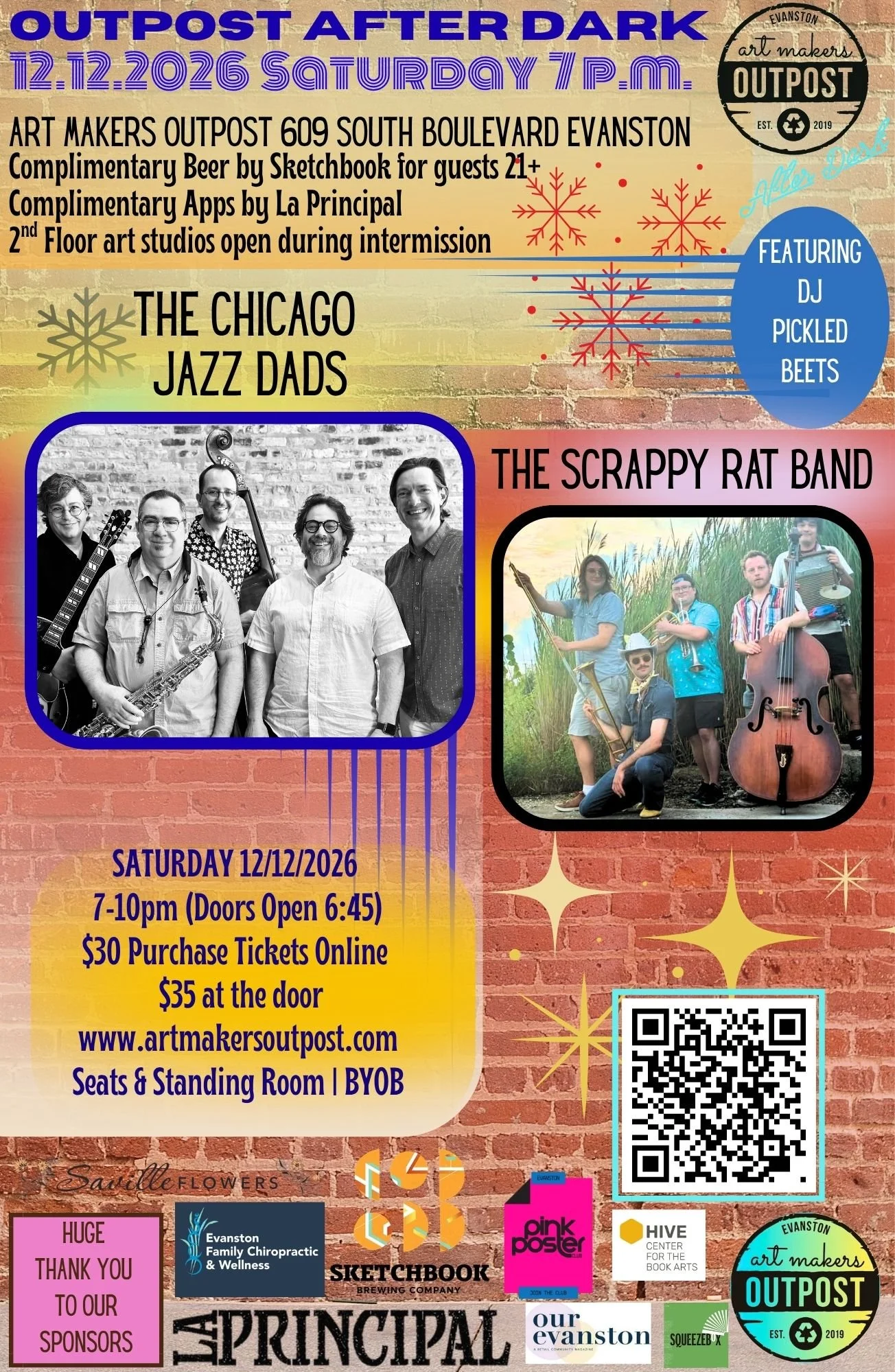 Saturday December 12, 2026 Outpost After Dark Salon Series- THE CHICAGO JAZZ DADS & Opener: Scrappy Rats Band