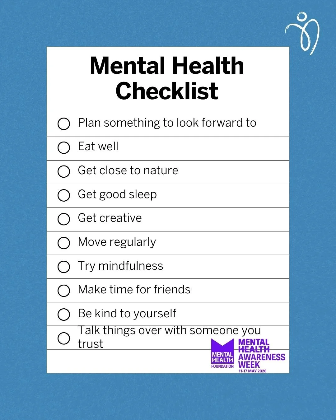 This week is Mental Health Awareness Week.
The Mental Health Foundation recommend these top 10 actions that may help improve your mood and improve your ability to cope with life. 
Give them a try this week and see what works best for you.
 #MentalHea