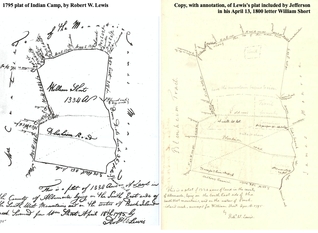 1795 plat of Indian Camp,  by Robert W. Lewis - land survey with annotation of Lewis's plan included by Thomas Jefferson in his April 13, 1800 letter to William Short.