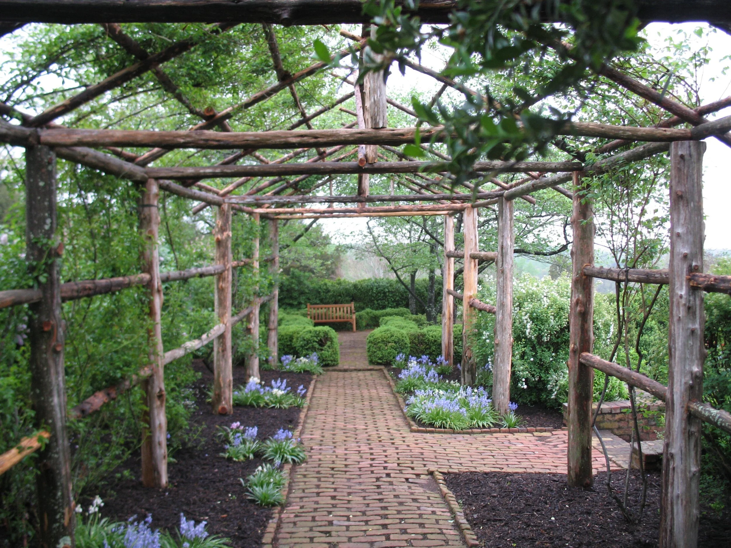 The Morven Formal Gardens rose trellis, looking to the end of the brick path with a bench, lined with mulched garden beds with purple blooms and roses climbing over the trellis.