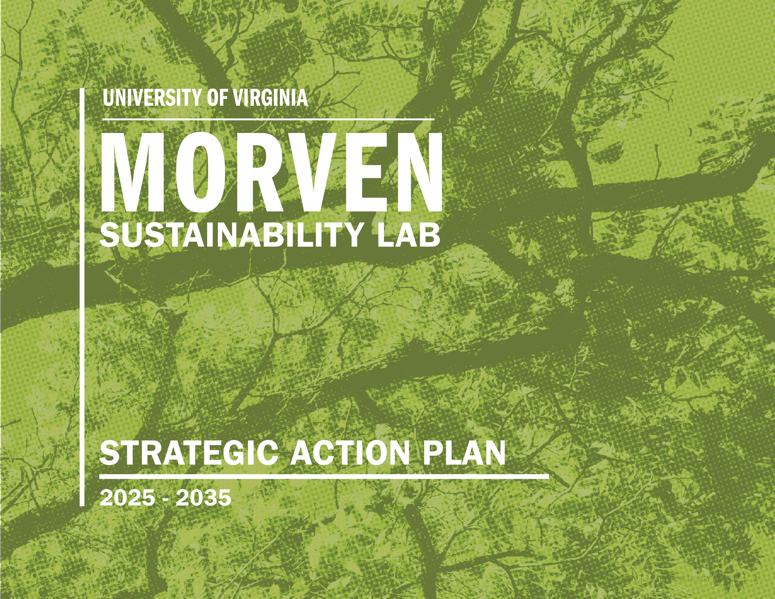 Morven Sustainability Lab strategic action plan cover page, text on the cover is overlayed on an image looking into tree branches with a green pixelated overlay.