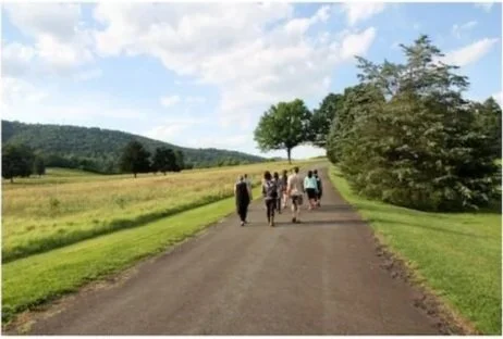 A group of students walk along a paved road at Morven, with grassy fields to the left and trees to the right.
