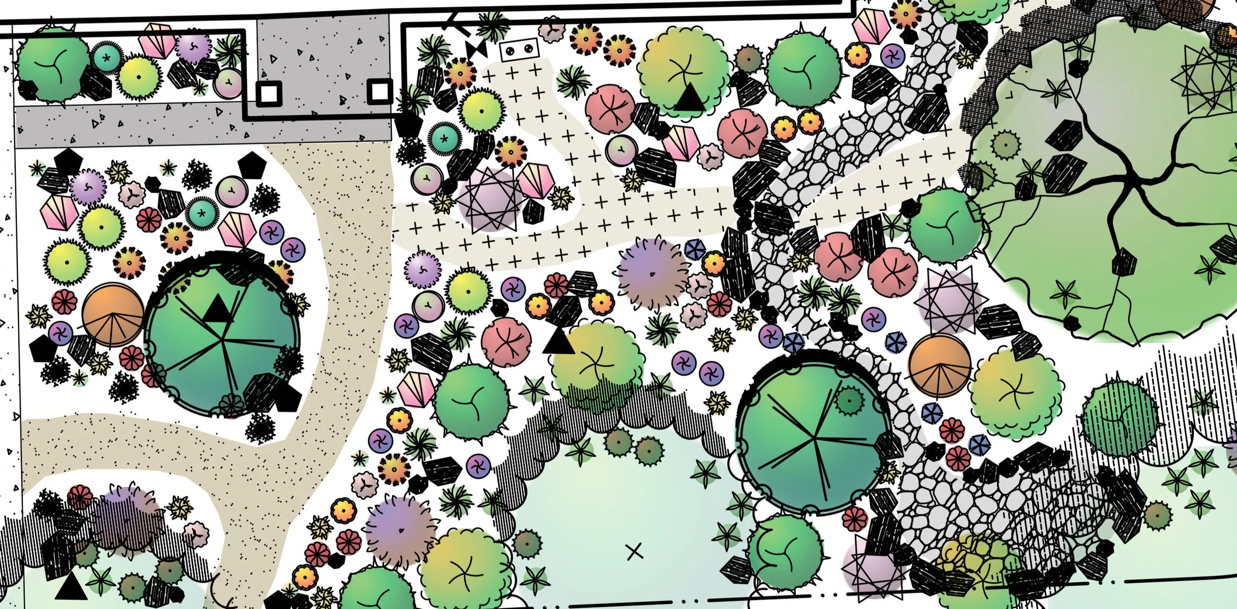 A colorful, stylized landscape design with winding pathways, various trees and shrubs, flower beds, and decorative elements arranged in circular and organic shapes. The design features different shades of green, pink, purple, and black accents.