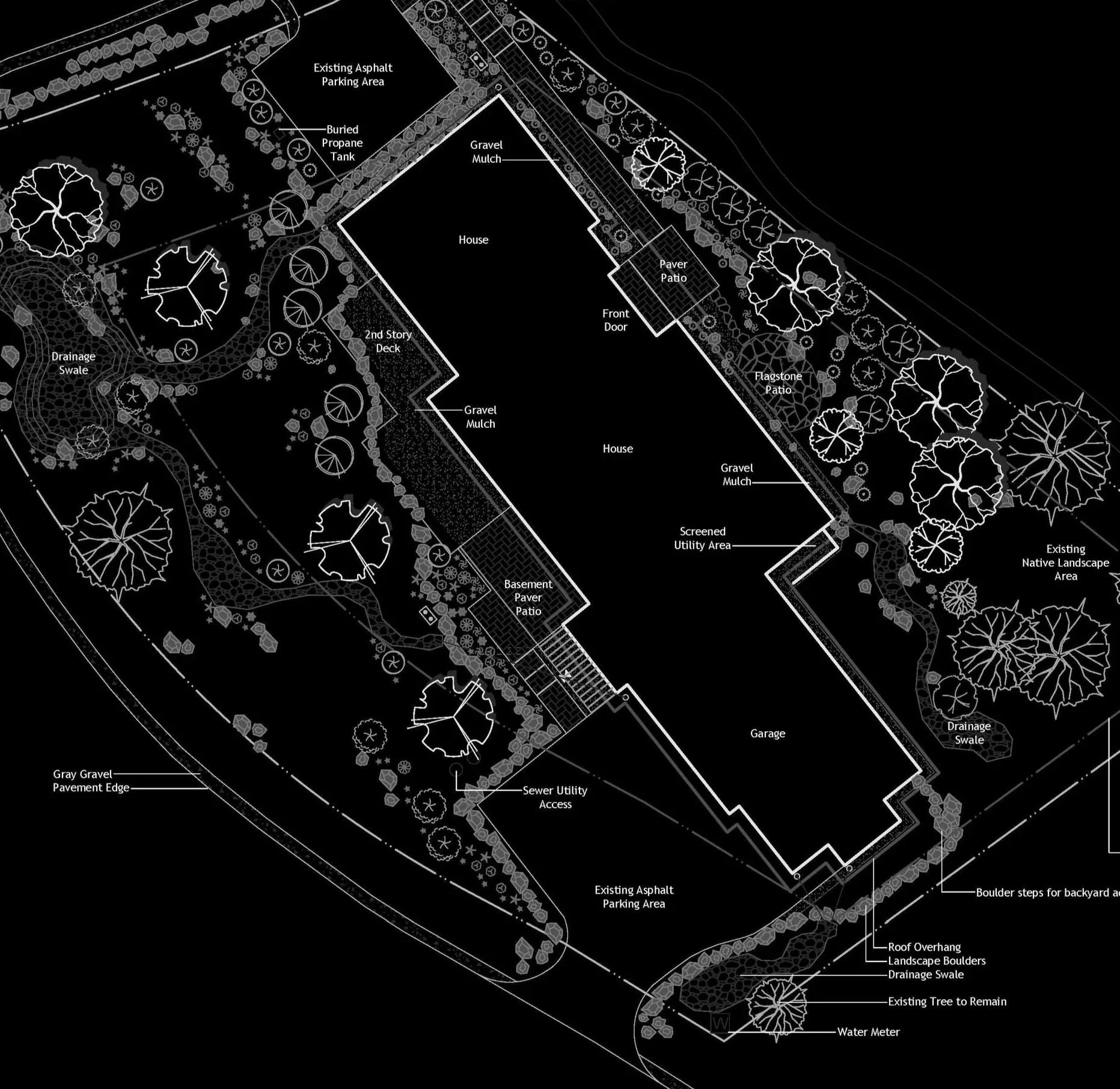 A detailed landscape architectural plan of a property, showing house, patios, driveways, trees, landscaping features, drainage, and utility areas.
