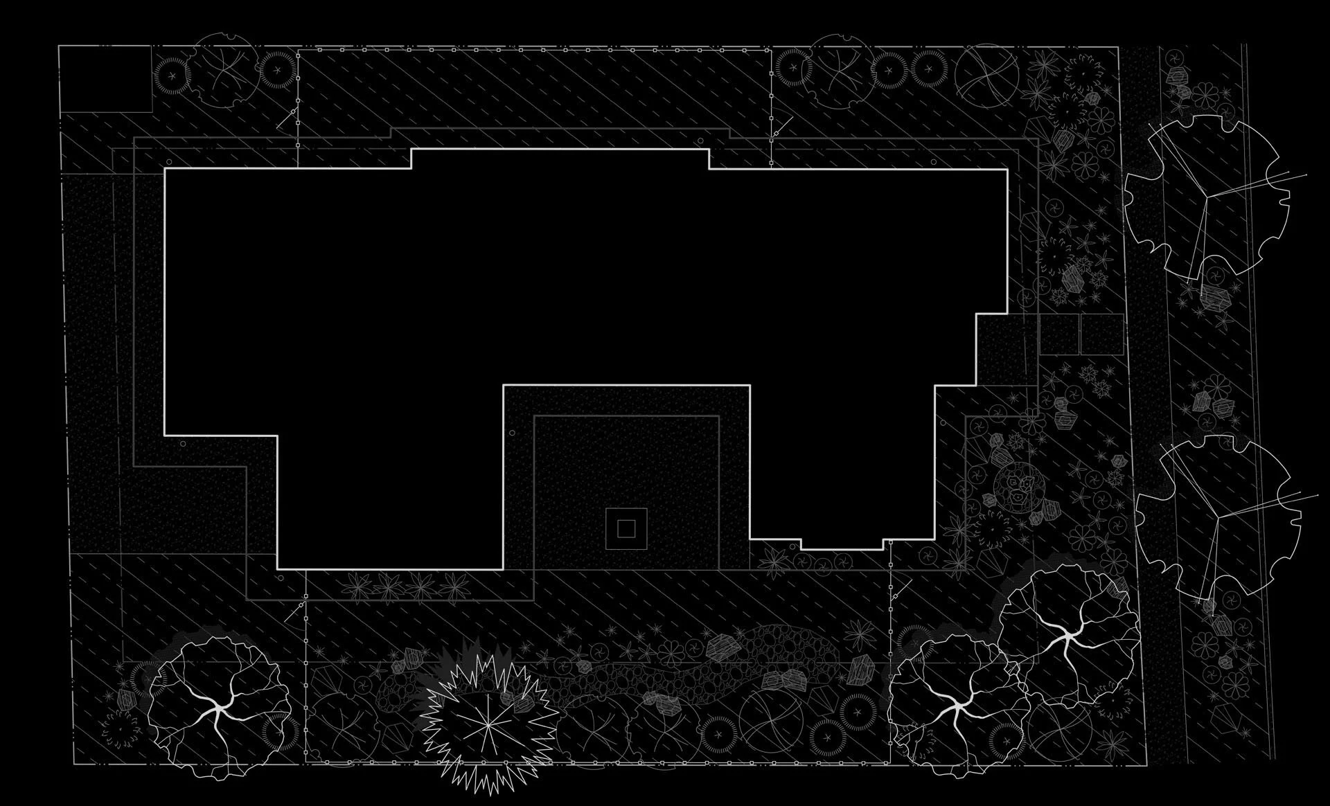 A blueprint of a house and surrounding landscape, including trees, plants, and pathways, all in white lines on a black background.