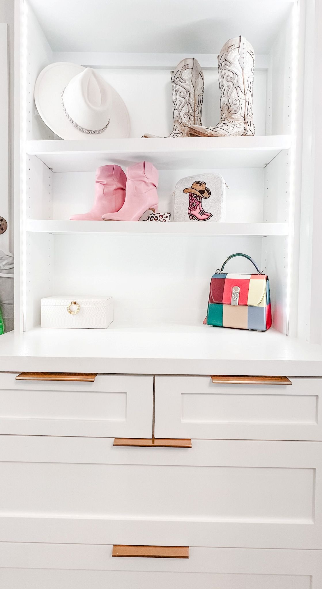 Boutique-style Dallas closet with handbags and accessories neatly displayed for easy access