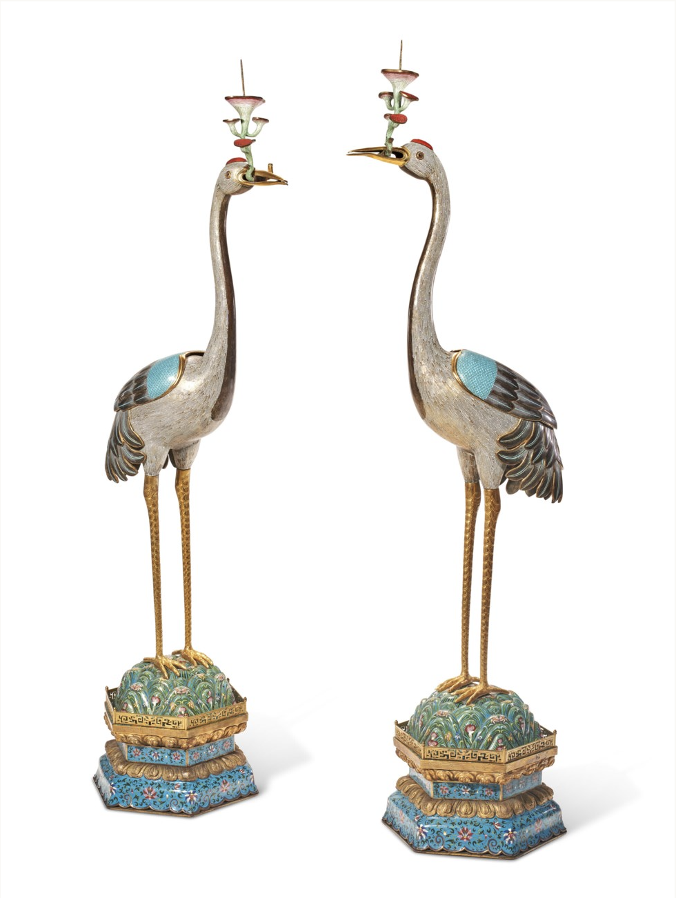 A PAIR OF MASSIVE CHINESE CLOISONNÉ AND CHAMPLEVÉ ENAMEL CRANE-FORM CENSERS.png