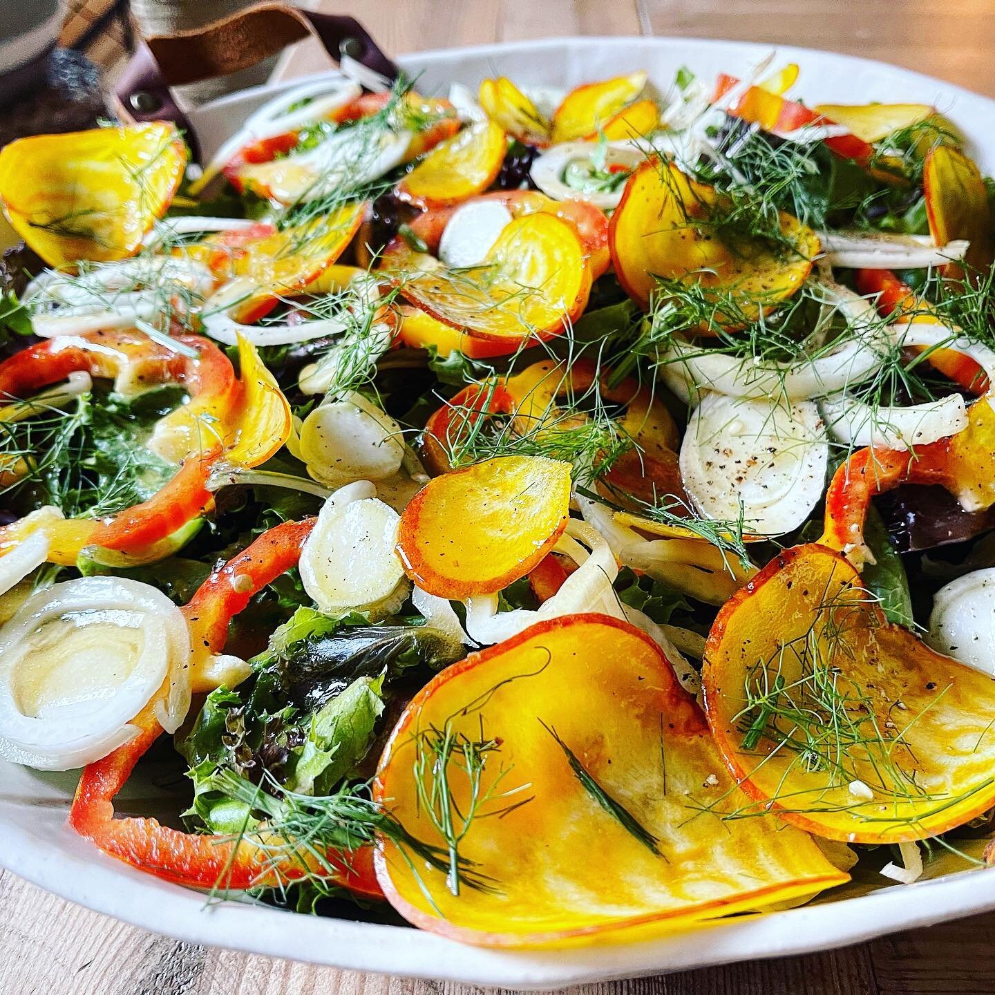 Golden beets, raw and thinly sliced with shaved raw fennel, aloha bell peppers (so fun!) over mixed greens with our Sunny Avocado dressing and topped with fennel greens and fresh black pepper.

I am super excited for tomorrow&rsquo;s Summer Swing eve