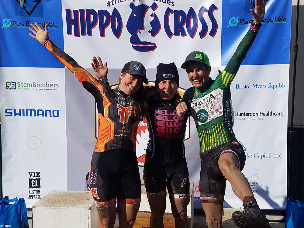  The podium ceremony for the Women's Elite field, held at HippoCross 4.0 on October 13th. Pictured from left: Laura Van Gilder, winningest female in women's cycling; Rachel  Rubino of Fearless Femme Racing, and Stacey Barbossa, US  National Champion 