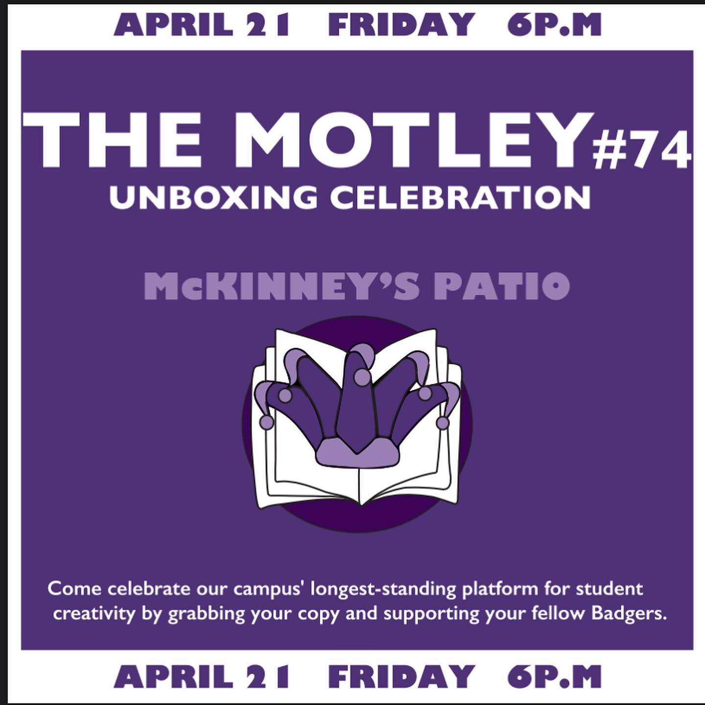 We are so excited to announce the #motleyunboxing this Friday at 6:00pm on the Mckinney&rsquo;s patio !! The team has been hard at work to make vol. 74 happen. Come grab a copy, check out creative student work, chat with the crew, and listen to some 