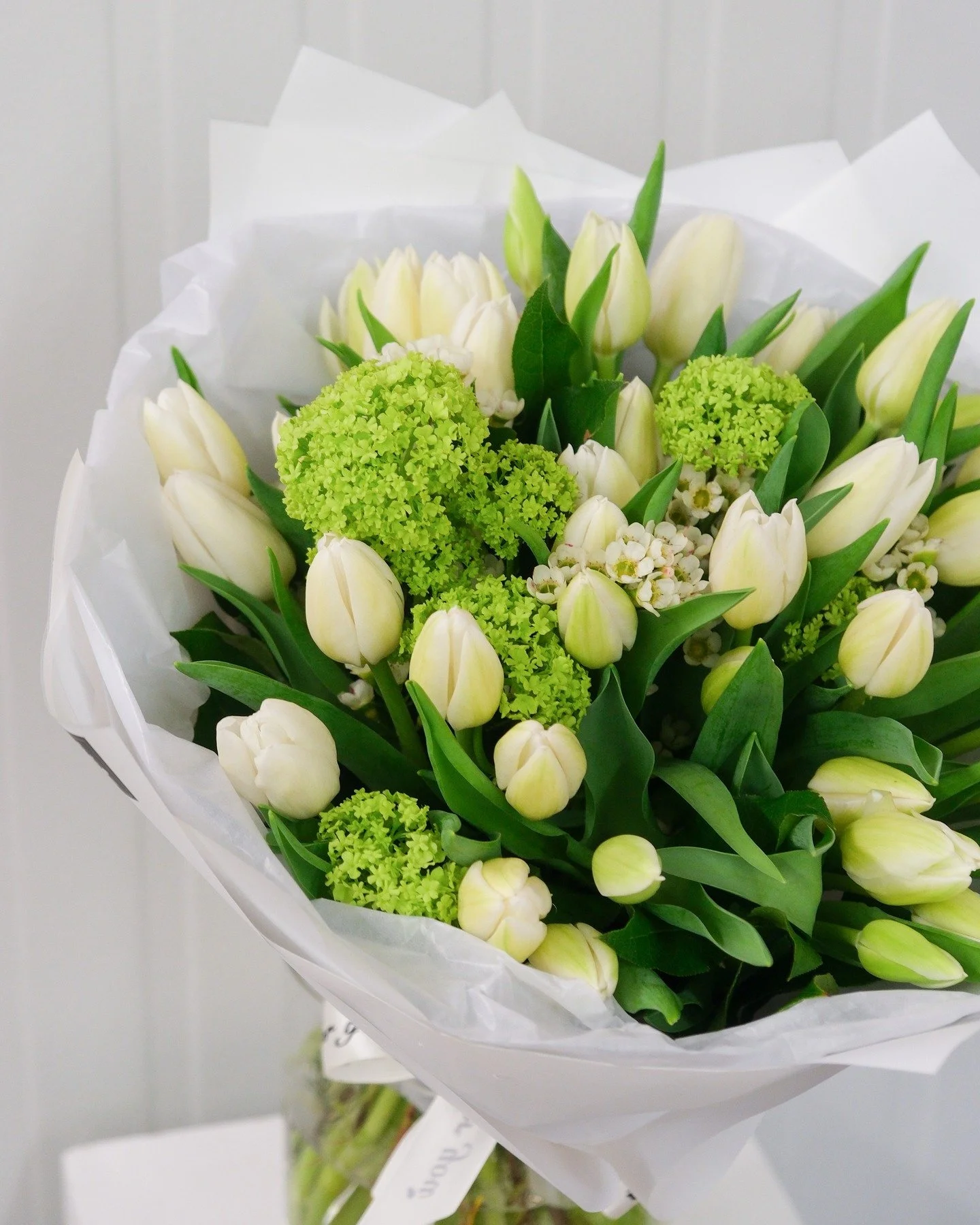 Spring is here with delicate white tulips, vibrant green viburnum and elegant white wax flowers!