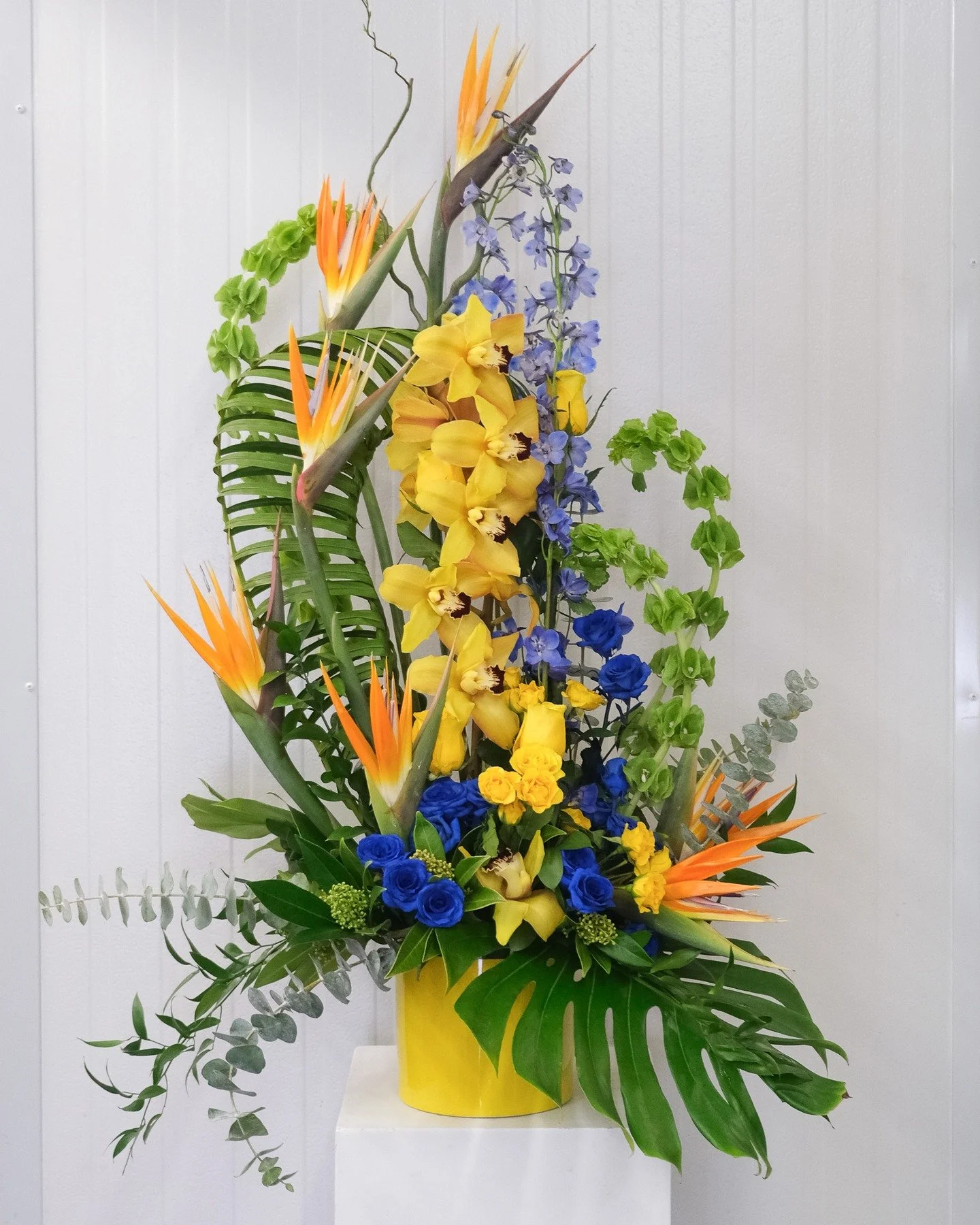 A gorgeous front-facing arrangement featuring tall yellow orchids, tropical birds of paradise and vibrant royal blue spray roses.