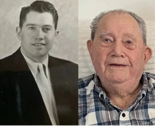Side-by-side comparison of a young man in a formal suit and an older man in a plaid shirt, both smiling.