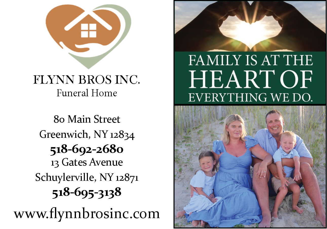A flyer for Flynn Bros Inc. Funeral Home with a logo of a house held in a hand inside a heart shape on the left. On the right, a family sitting on the sand at the beach, with the sun setting behind them and making a heart shape with their hands. The flyer has the text, "Family is at the heart of everything we do."